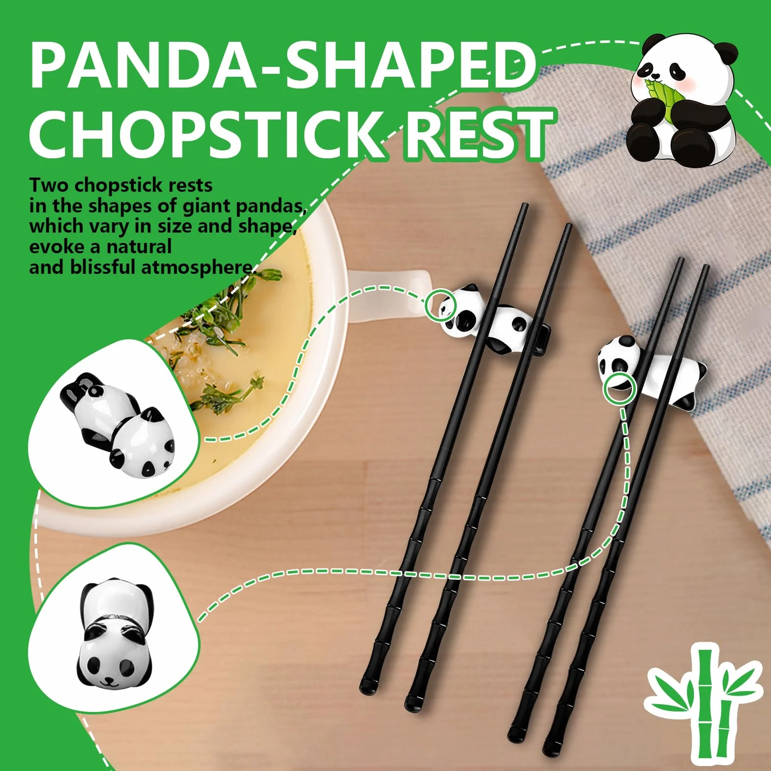 2 pary chińskich pałeczek wielokrotnego użytku, z ceramicznymi wspornikami pandy, chopstickami, japońskimi pałeczkami, można myć w zmywarce, chiński zestaw upominkowy
