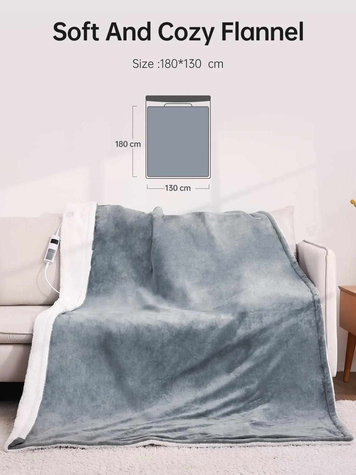 Koc podwójny flanelowy podgrzewany 130x180 cm 6 poziomów ogrzewania automatyczne wyłączanie Gray