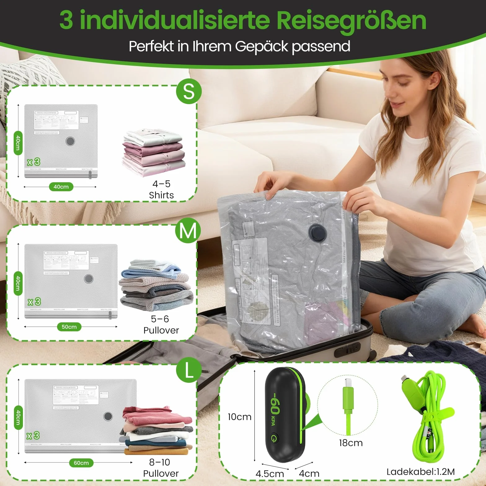 Zestaw 9-częściowy worków próżniowych z elektryczną pompą USB | 3 rozmiary (40 x 40 cm, 40 x 50 cm, 40 x 60 cm) oszczędzają miejsce na ubrania, podróż, pościel i przeprowadzkę, hermetyczne torby do