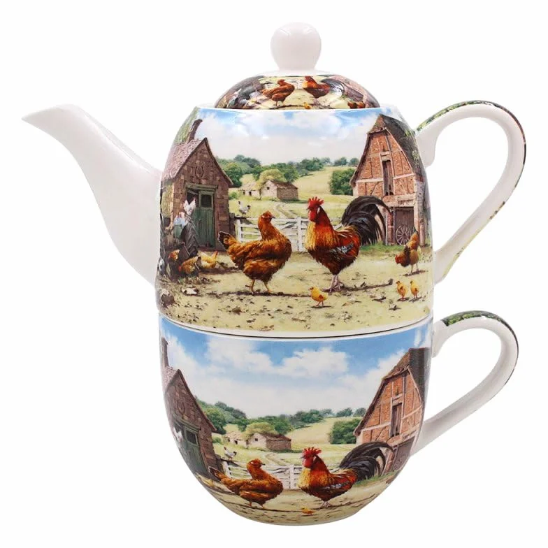 LESSER & PAVEY Herbata dla jednej ceramicznej porcelany kogucik i kura kuchnia zastawa stołowa projekt farmy