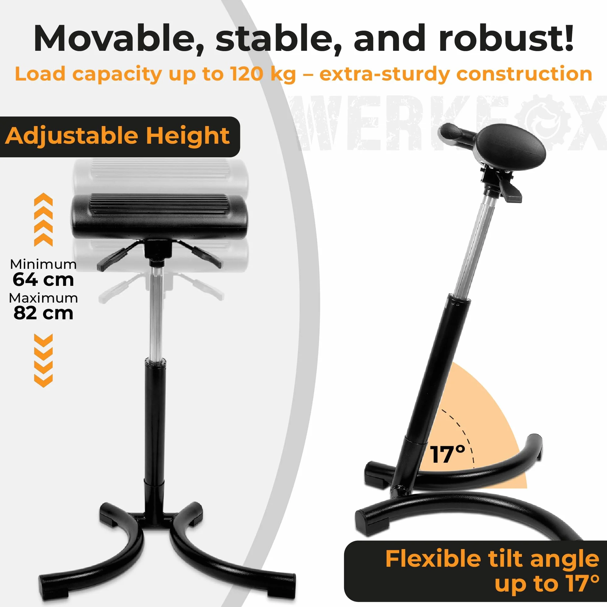 Stołek stojący Werkfox® Ergonomiczny stołek z regulacją wysokości; Stojący stołek warsztatowy; Stojące krzesło do biurka, biura, przemysłu.
