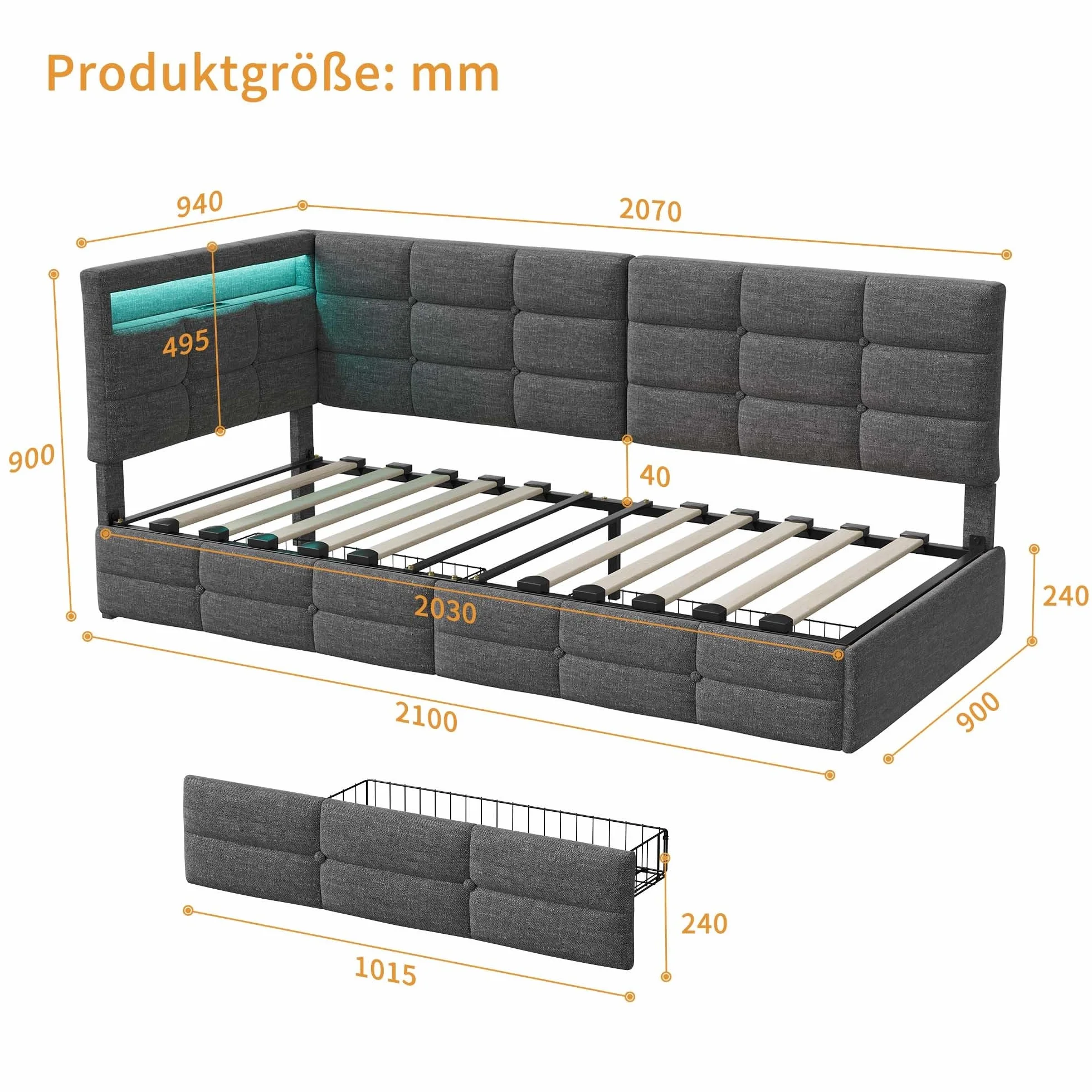 Sofa z funkcją spania w kształcie L 90x200 z 2 szufladami USB/Typ C LED