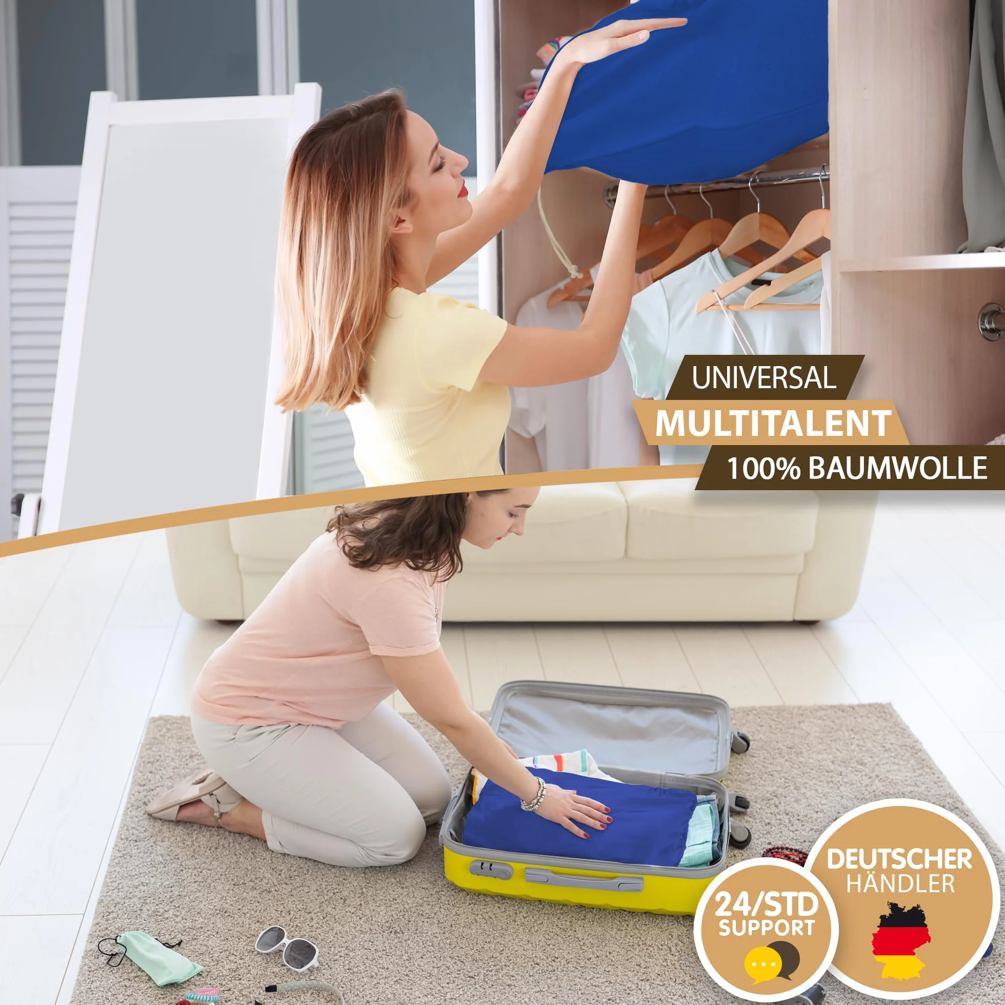 ELES VIDA® - Worki na pranie 50 x 75 cm ze 100% bawełny – bardzo duże worki na pranie – trwałe, ze sznurkiem, podróżny kosz na pranie, do przechowywania w kolorze niebieskim, 50 x 75 cm, 2 sztuki