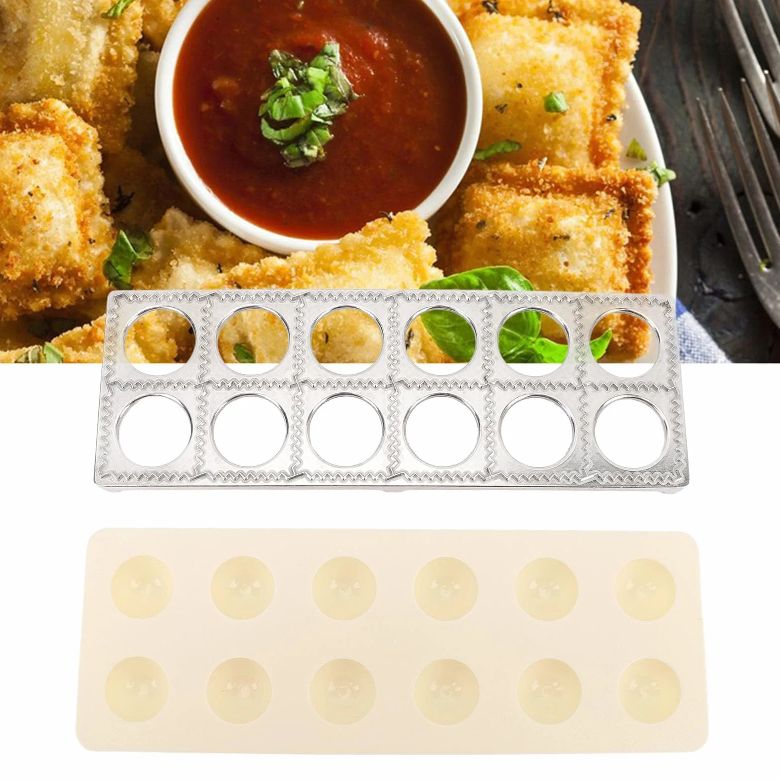 Omabeta Ravioli Maker Press Cutter Zestaw z 12 Otworami, Aluminium Aluminium Aluminiowe Producent Pierogów z 24,5 Cm 9,6 Cali Drewniany Wałek do Tworzenia Makaronu w Restauracji