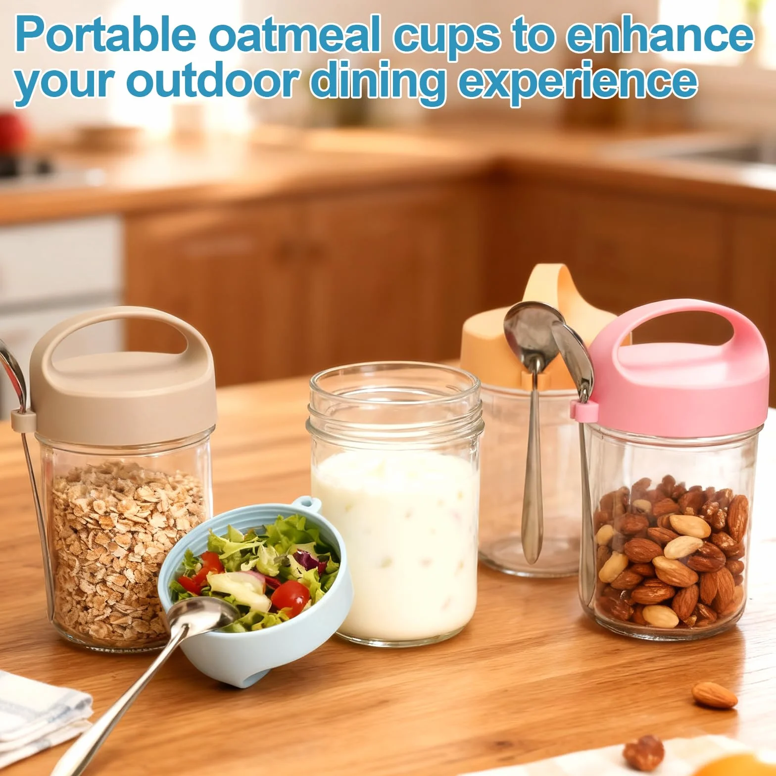 4 sztuki szklane słoiki na overnight oats z pokrywką i łyżeczką, wielokrotnego użytku, słoiki na musli na wynos, 14 uncji/410 ml, słoiki na owsiankę, jogurt, domowe musli, płatki owsiane