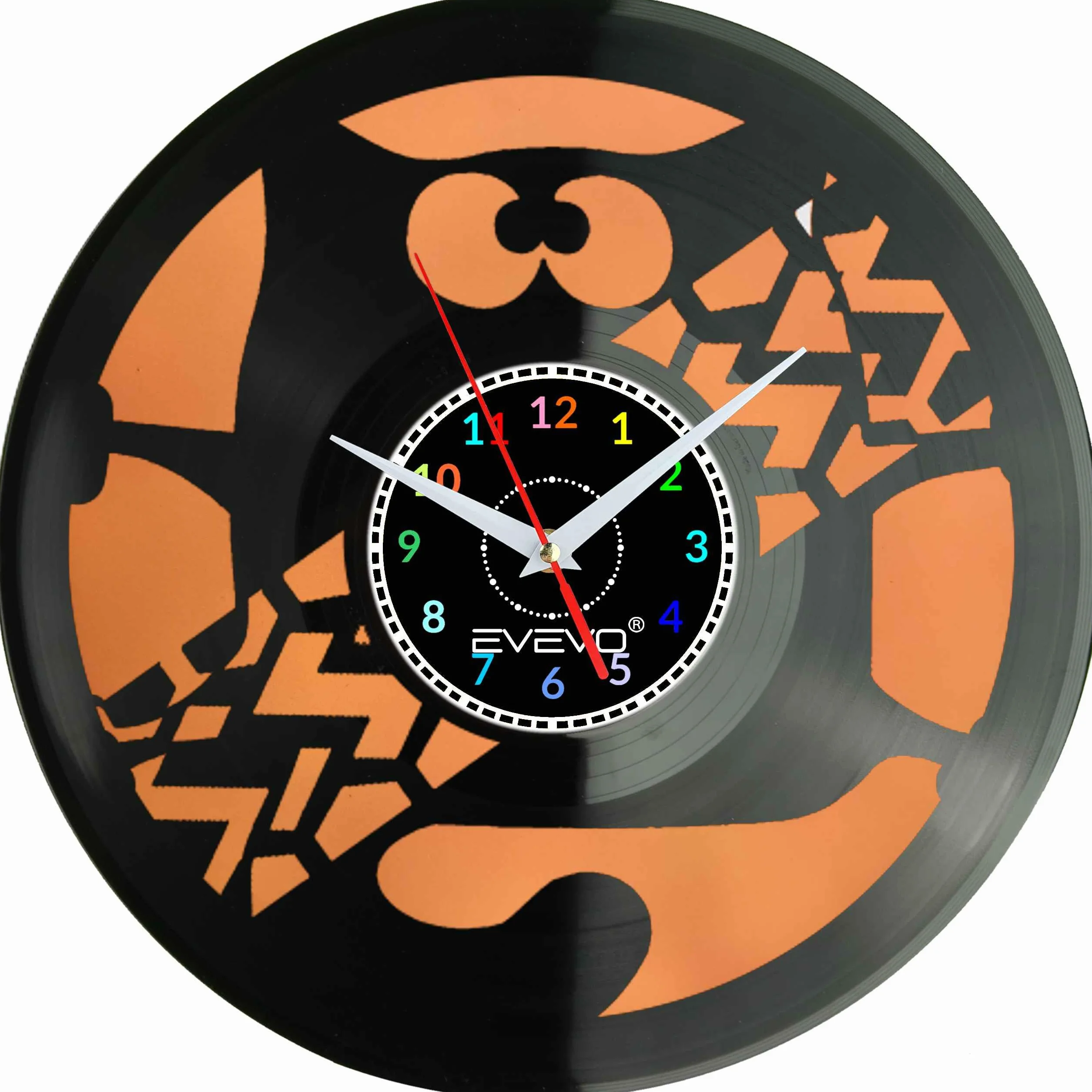 KOT KICIUŚ KOTEK MRUCZEK ZEGAR ŚCIENNY FLUORESCENCYJNE TŁO PŁYTA WINYLOWA PREZENT UPOMINEK URODZINY SOUVENIR EVEVO F0031