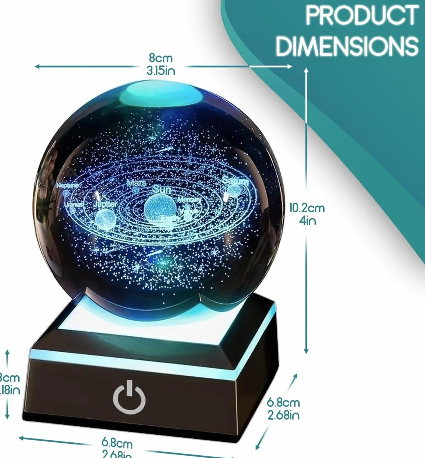 Kryształowa Kula Układ Słoneczny 3D LED 8cm Grawerowany z Nazwami Planet Dekoracja Nocna Prezent dla Dzieci