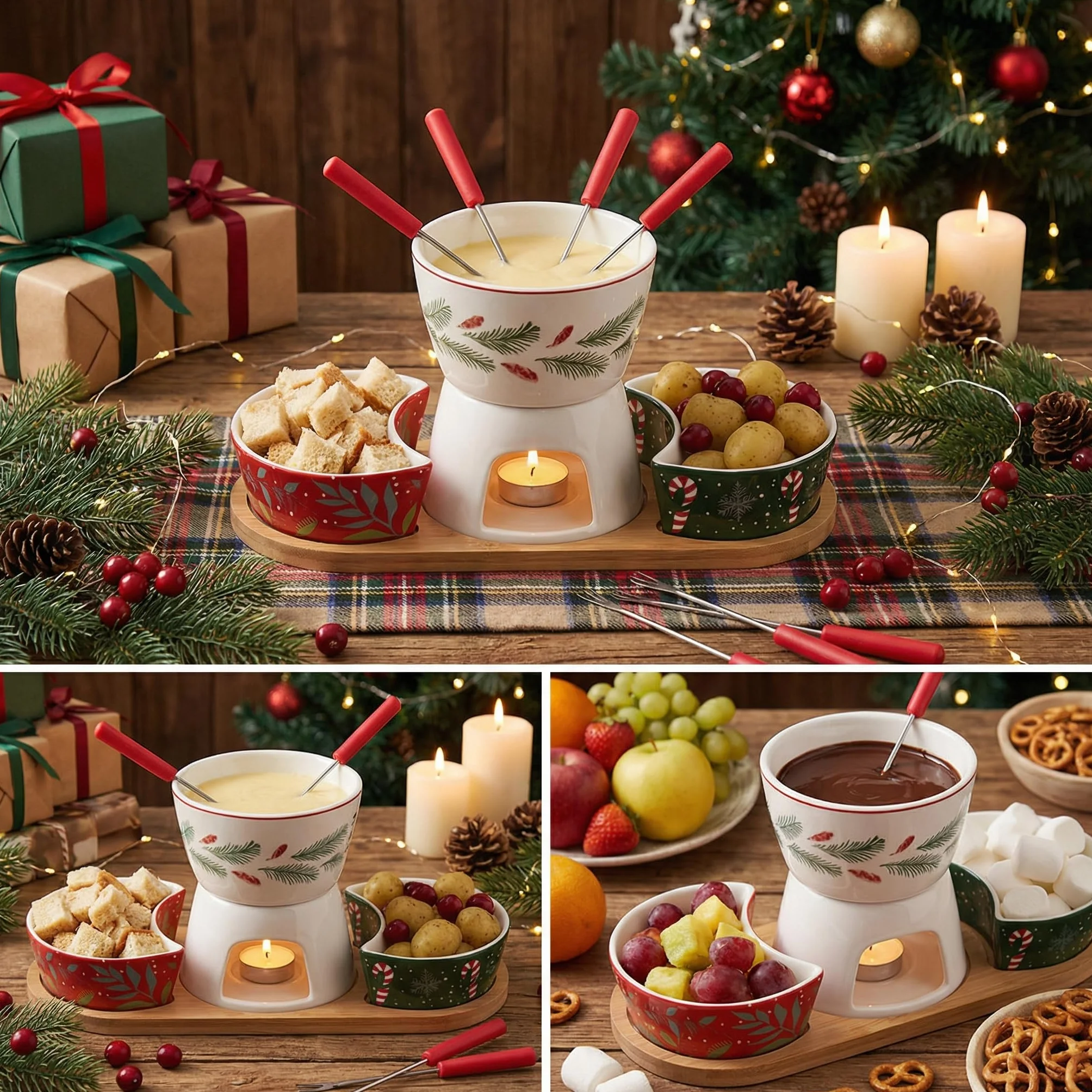 MIJOMA 6-częściowy zestaw do fondue bożonarodzeniowego – porcelanowe fondue z 2 widelcami, 2 miseczkami i drewnianą tacą – zimowy zestaw dekoracyjny i serwujący na świąteczne chwile rozkoszowania się