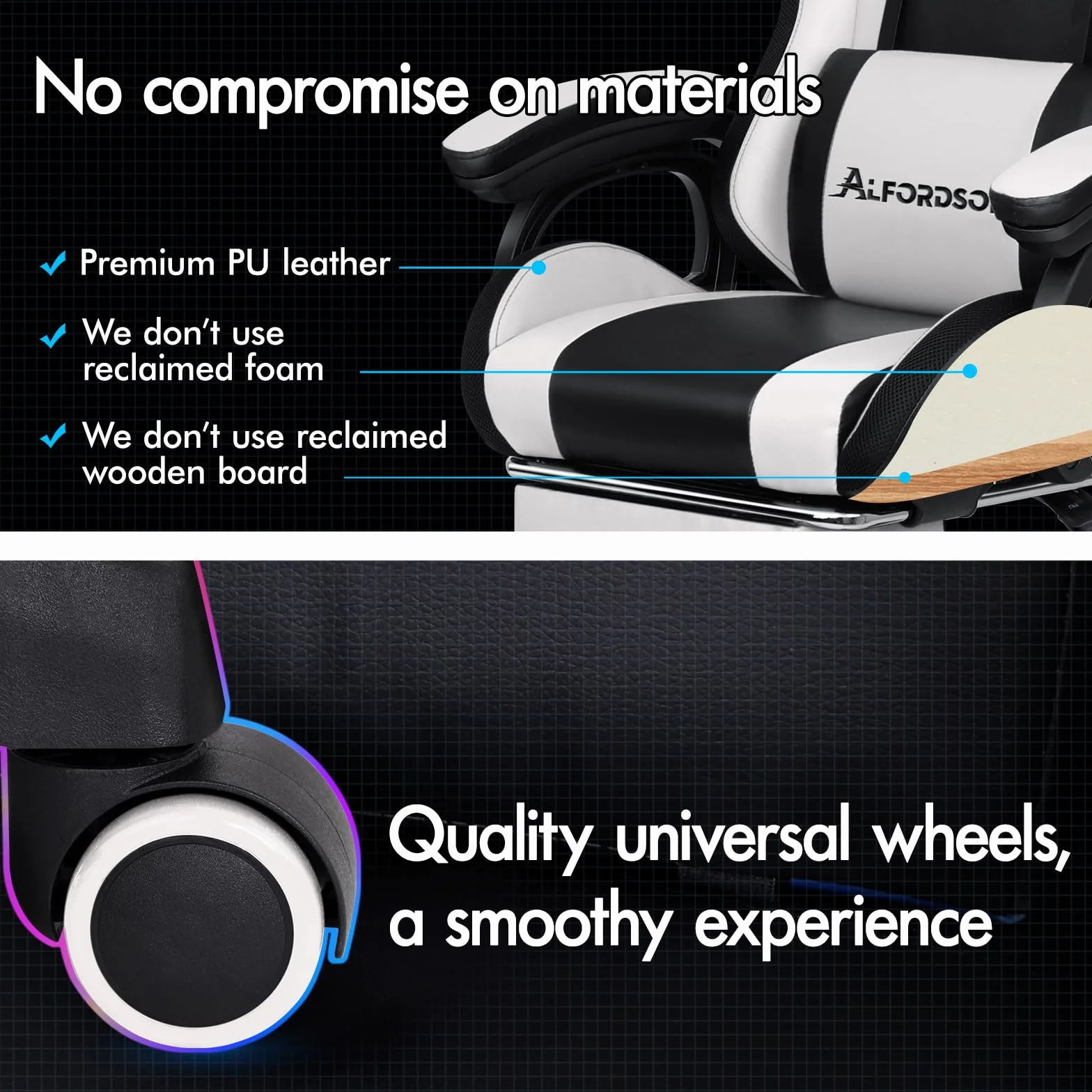 ALFORDSON Ergonomiczne krzesło do gier z oświetleniem RGB z 12 kolorowymi diodami LED, fotel z podparciem lędźwiowym i podnóżkiem, sztuczna skóra, biały