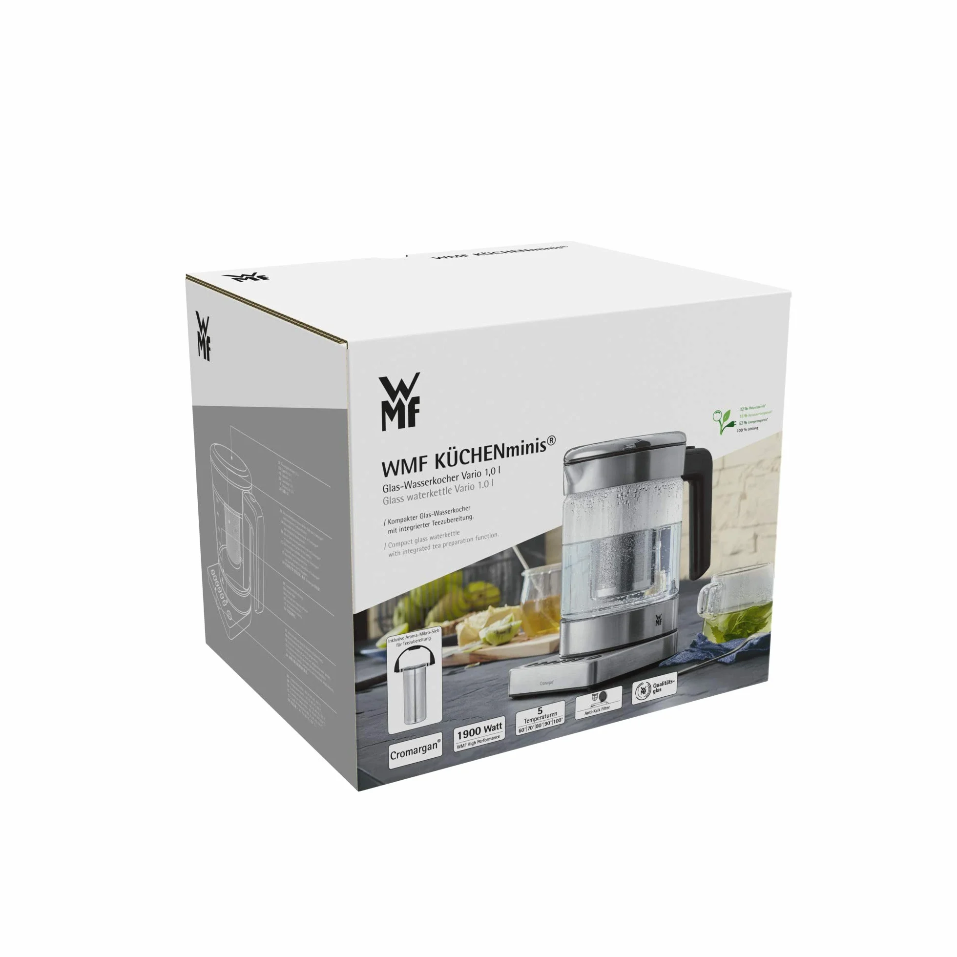 WMF Küchenminis Vario czajnik elektryczny 2 w 1 z regulacją temperatury, 1 l, 1900 W, zaparzacz do herbaty z regulacją temperatury, szkło, z uchwytem na torebki herbaty i sitkiem