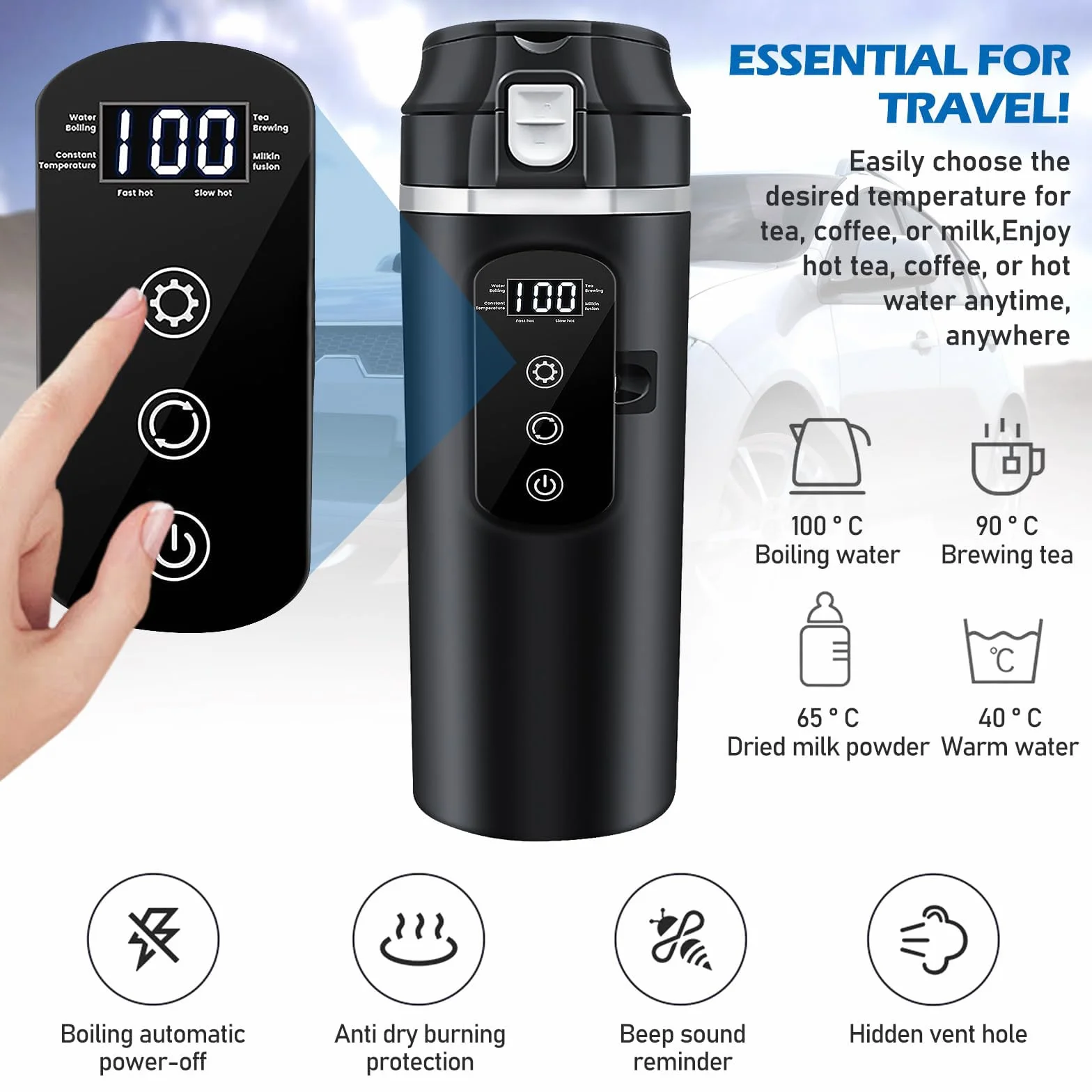 Czajnik elektryczny do samochodu, 500 ml, przenośny czajnik samochodowy 12 V, 24 V, z regulacją temperatury i wyświetlaczem LCD, do samochodów ciężarowych, na kemping, do podróży, do herbaty, kawy