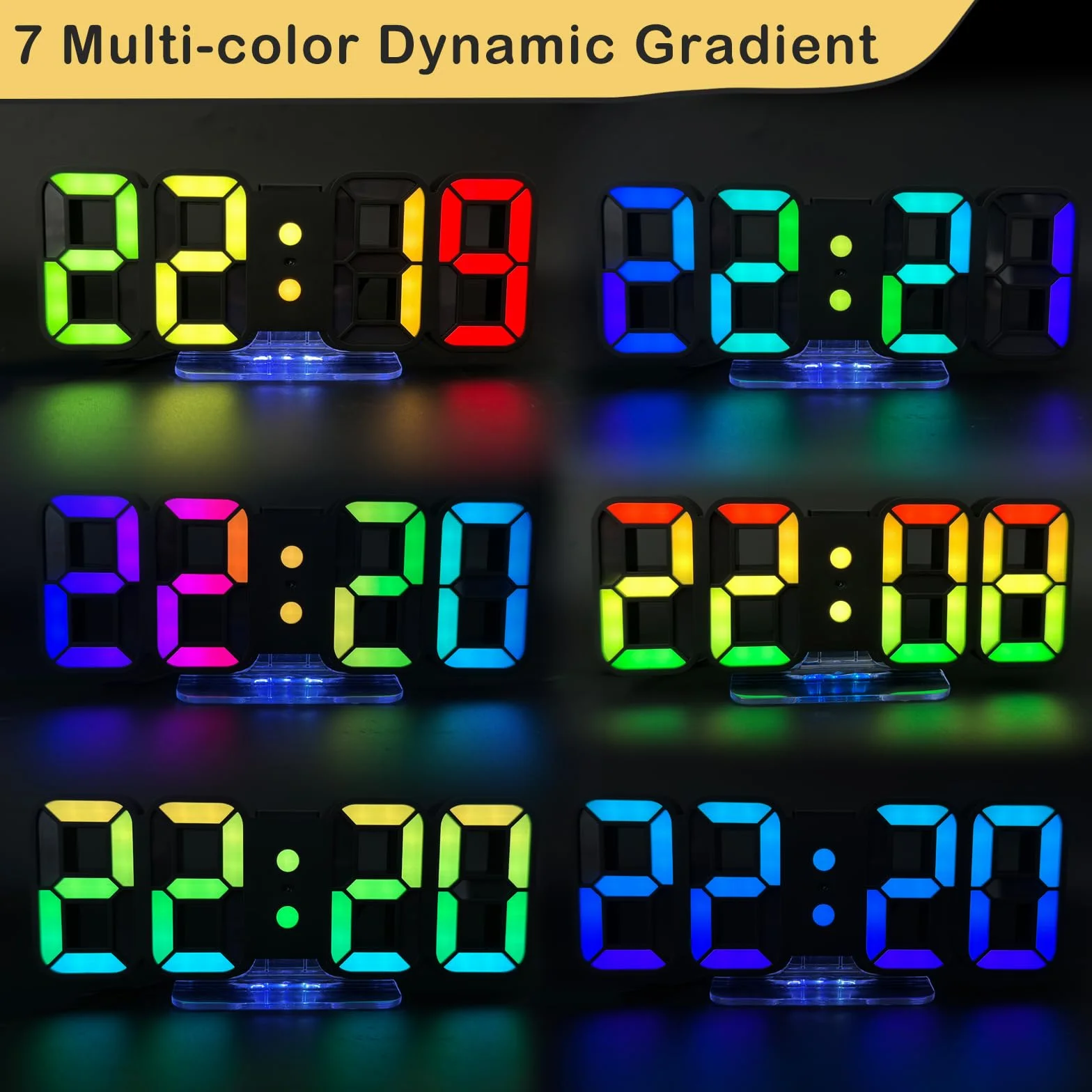 Seutgjie Cyfrowy budzik 3D LED, zegar stołowy/zegar ścienny, zegar cyfrowy, 14 kolorów RGB, 12/24 godziny, 3 ustawienia jasności, tryb nocny, tryb drzemki z pilotem zdalnego sterowania, czarny