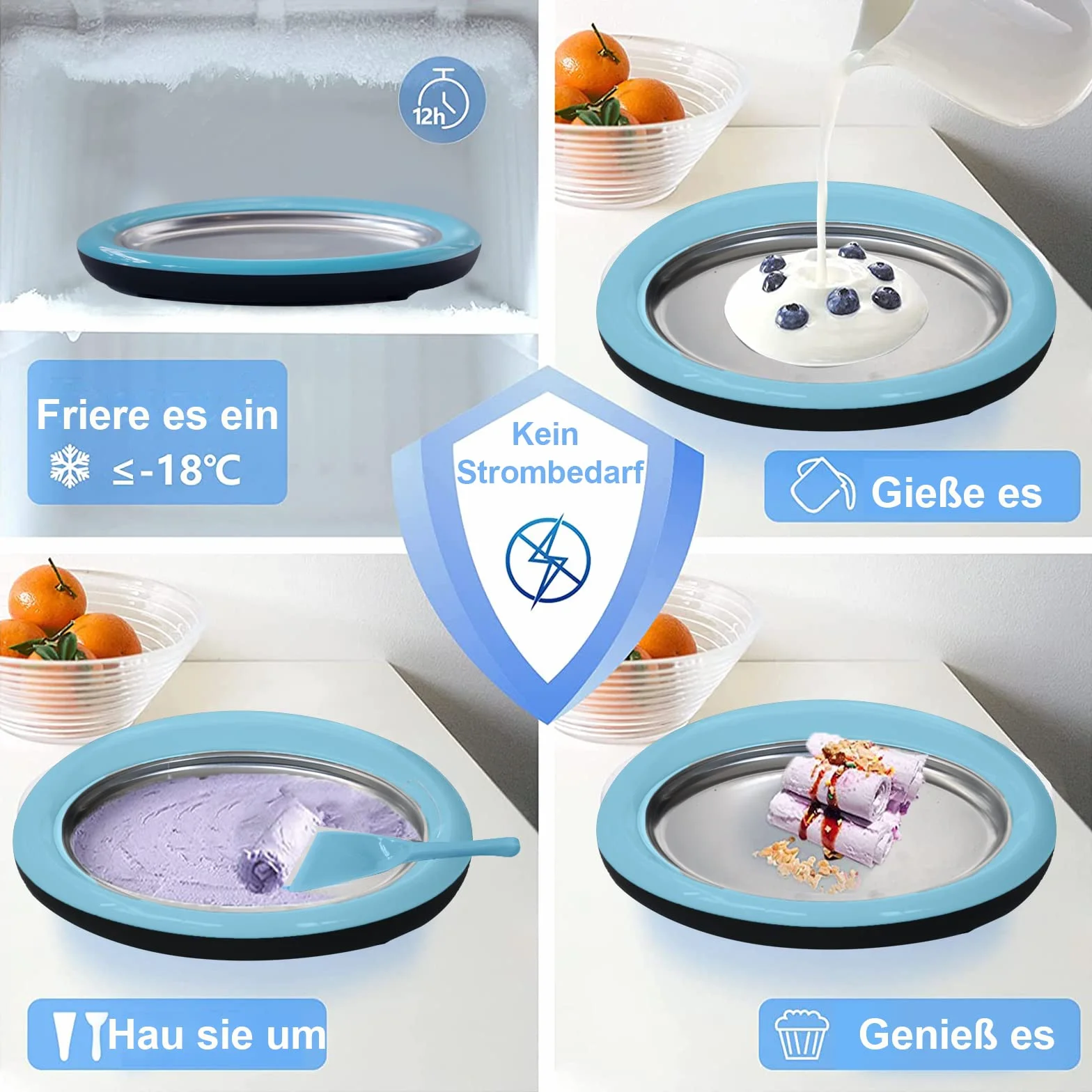 Maszyna do lodów, DIY rękodzieło, stal nierdzewna, jakość spożywcza, maszyna do lodów rolowanych, płyta lodowa z 2 szpatułkami, mrożony jogurt, sorbet, lody, niebieski, ręczny, pielęgnacja