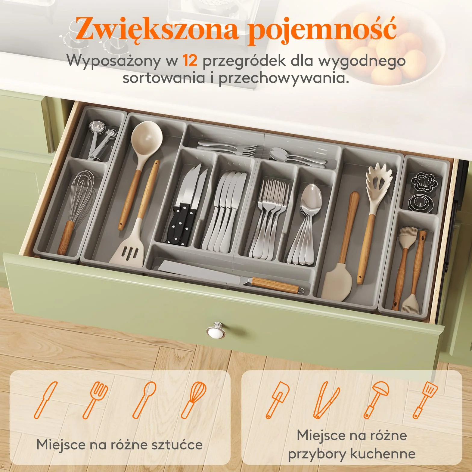 Lifewit Pojemnik na sztućce, wkład na sztućce 816 x 420 mm, do szuflady 90, zdejmowany uchwyt na przybory kuchenne, uchwyt na sztućce z tworzywa sztucznego, wkład do szuflad, organizer kuchenny na