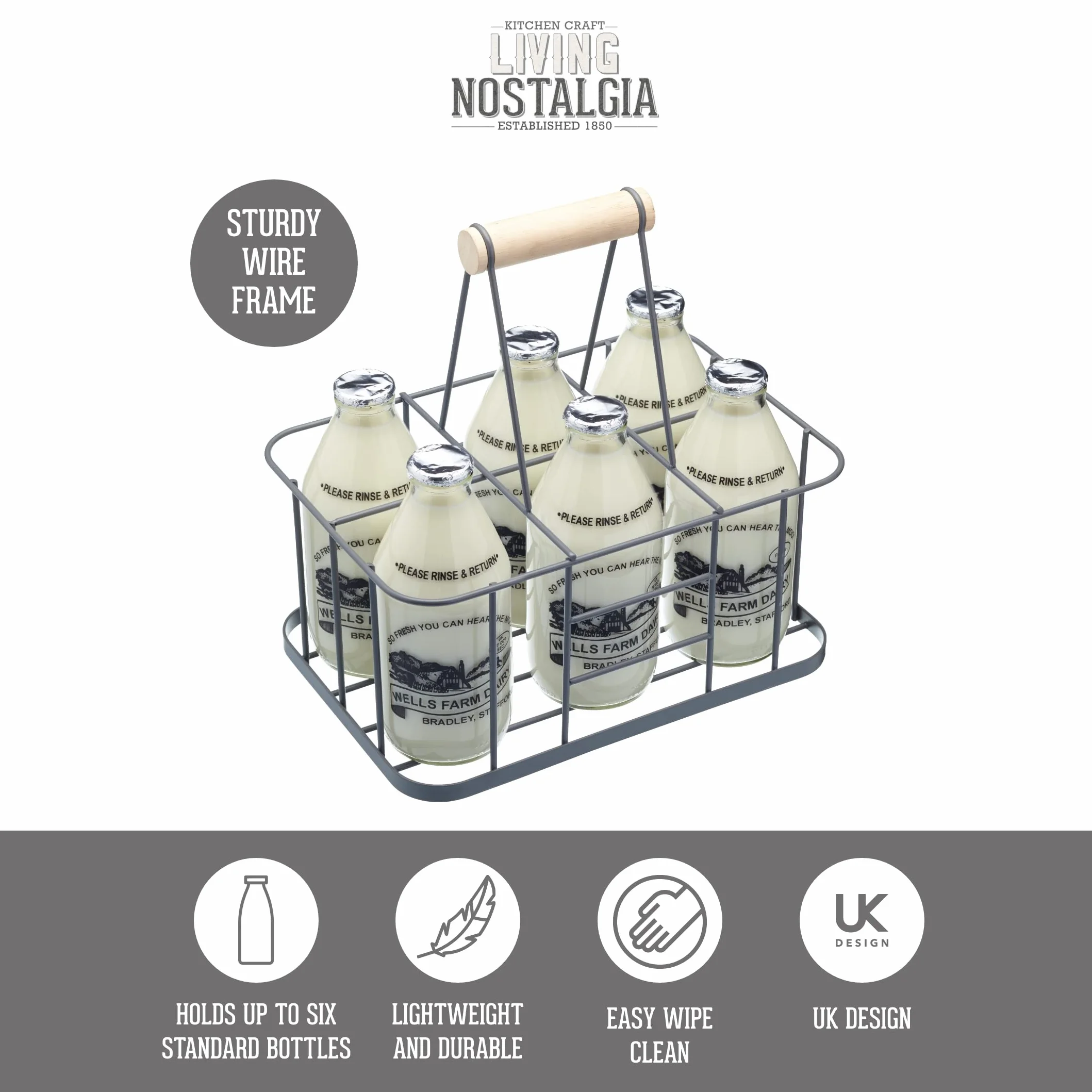 KitchenCraft Living Nostalgia, Druciany Koszyk na Butelki Mleka, 29 × 20 × 13 cm - Kolor Szary