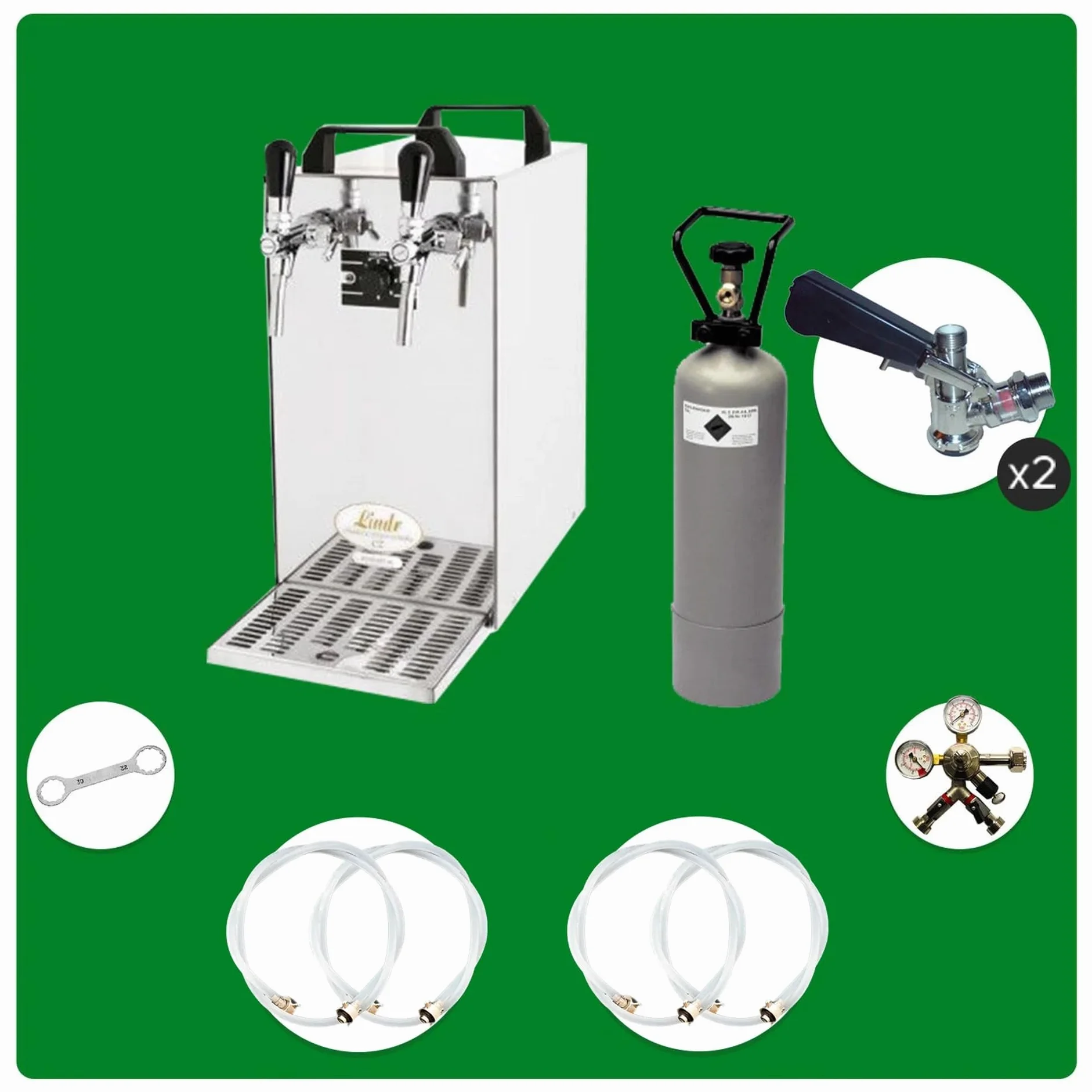Kompletny zestaw stycznik 40 2-liniowy do piwa z chłodnicą suchą, przepływową 50 l/h Green Line i głowicami KeyKeg