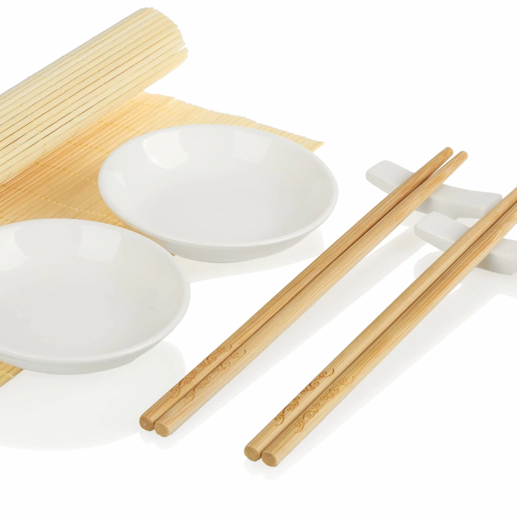 com-four® 7 czesciowy zestaw sushi – z bambusowa mata, paleczkami, ceramicznymi miseczkami i podstawkami – azjatycka zastawa do sosu sojowego, wasabi i dipów (7-czesciowy zestaw sushi)
