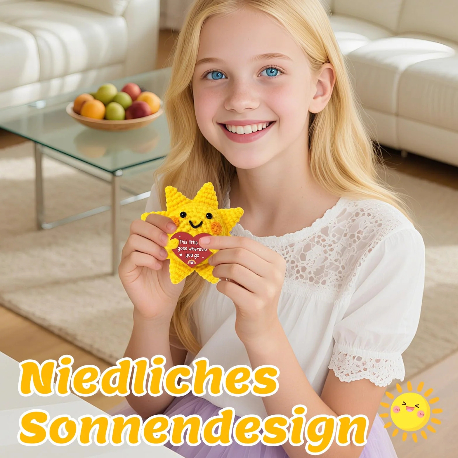 Pozytywne słońce z inspirującą kartką, żółte, pozytywne prezenty, Pocket Hug, słońce, emocjonalne wsparcie, lalka dziergana z wełny, ręcznie szydełkowana, prezent dla kobiet, na urodziny, Boże