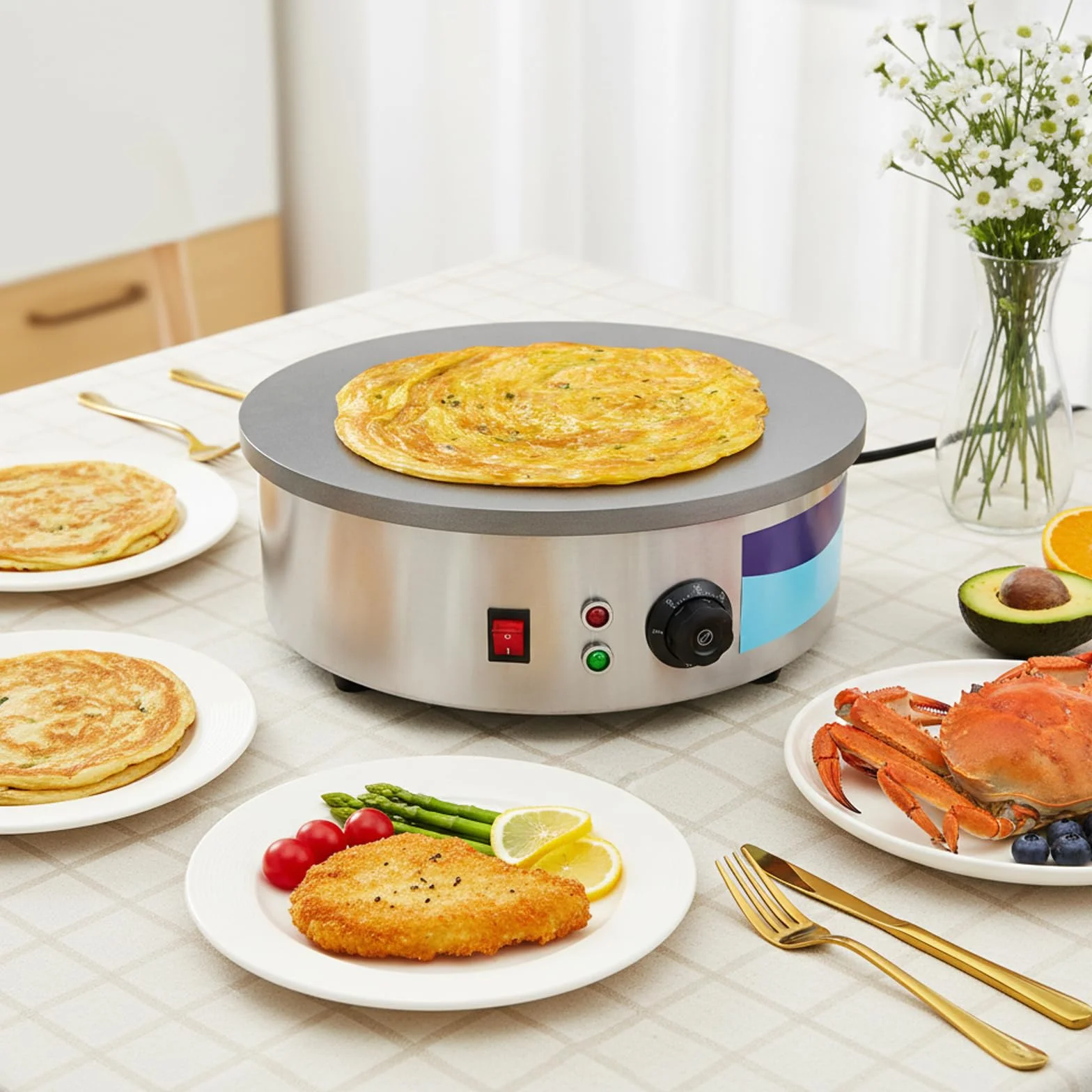 Elektryczna maszynka do naleśników, 45 cm, 3000 W, gastronomiczna – profesjonalna żeliwna płyta do naleśników i piekarni do smażenia naleśników, yufka i naleśników, 50-300°C, z łopatką i rozdzielaczem