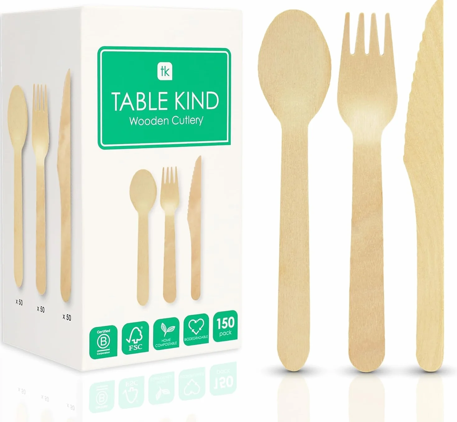 Table Kind 150 x biodegradowalne drewniane sztućce, noże, widelce, łyżki, urodziny, Boże Narodzenie, kemping, piknik lub grill, catering, przybory kuchenne 17 cm