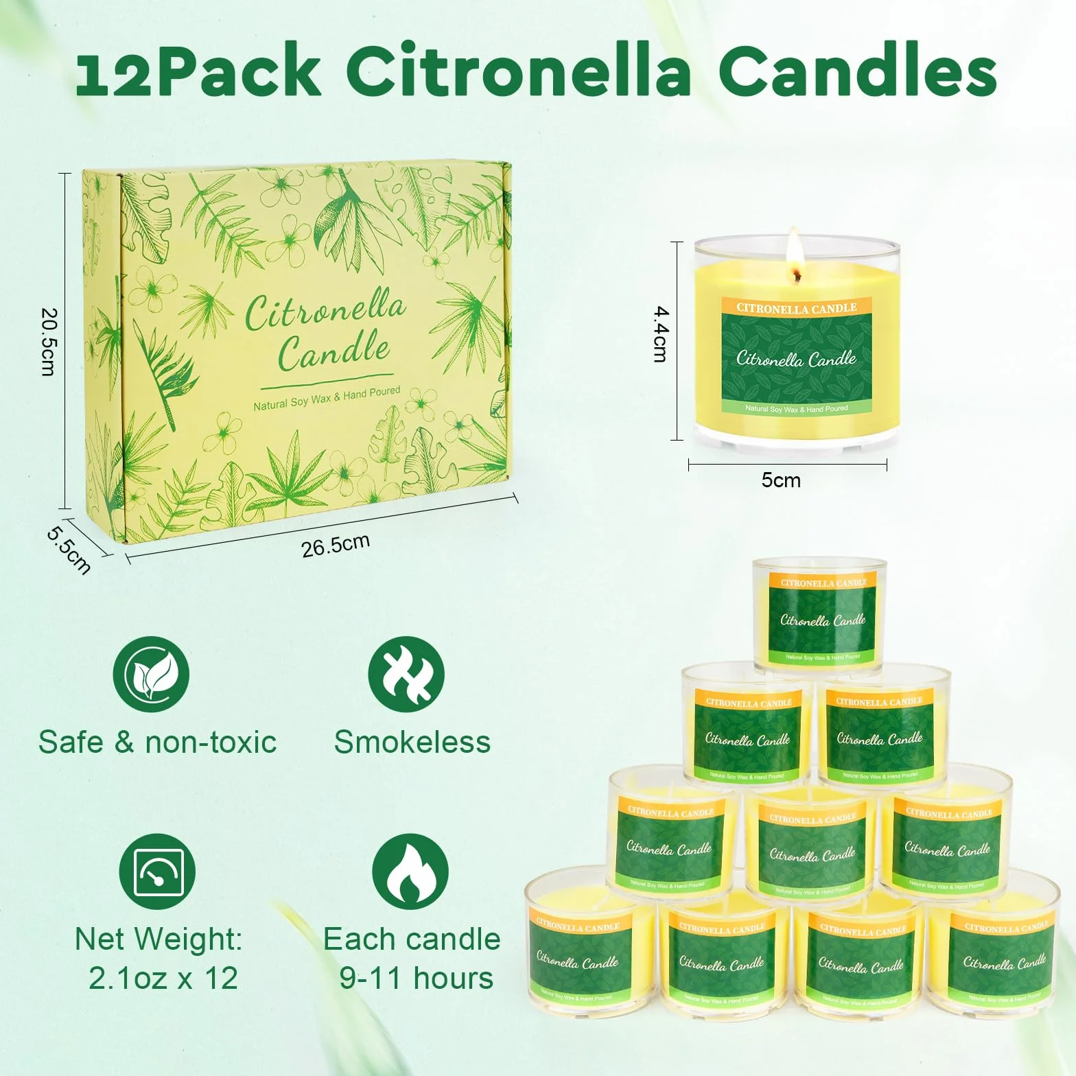Citronella świeczki typu tealight Citronella do użytku na zewnątrz – duże podgrzewacze 10 godzin, trwały zestaw 12 świec, naturalny wosk sojowy, świece na prezent dla kobiet, sąsiadów, przyjaciół