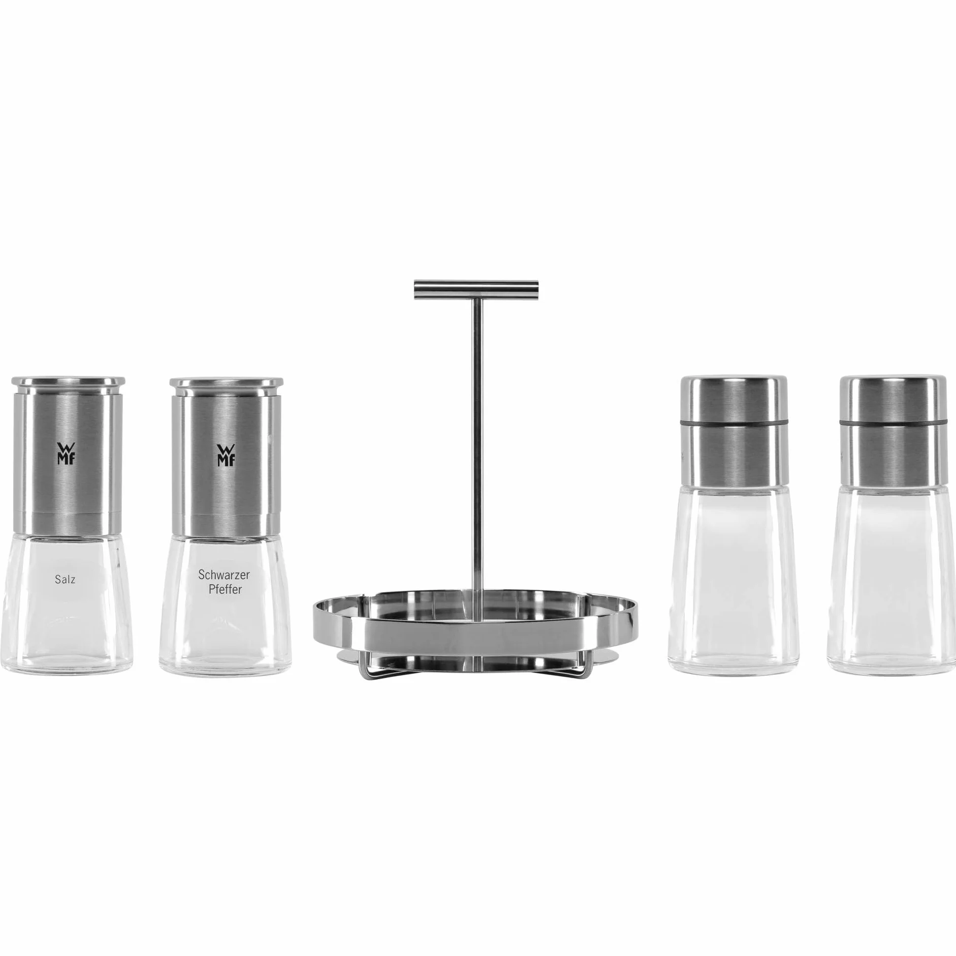 WMF De Luxe 5-częściowy zestaw do soli, pieprzu, octu, oleju, stojak z 2 dozownikami octu/oleju, młynek do soli, pieprzu, nadaje się do mycia w zmywarce