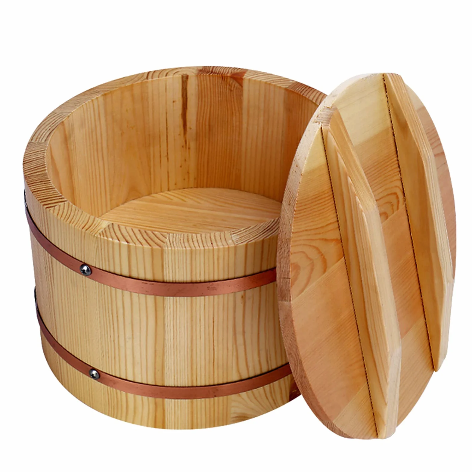 Japońska miska do ryżu Sushi-Hangiri Sushi Oke pojemnik do mieszania ryżu pojemnik na jedzenie z miedzianą opaską do domowej kuchni restauracji, 24 cm/9,5 cala