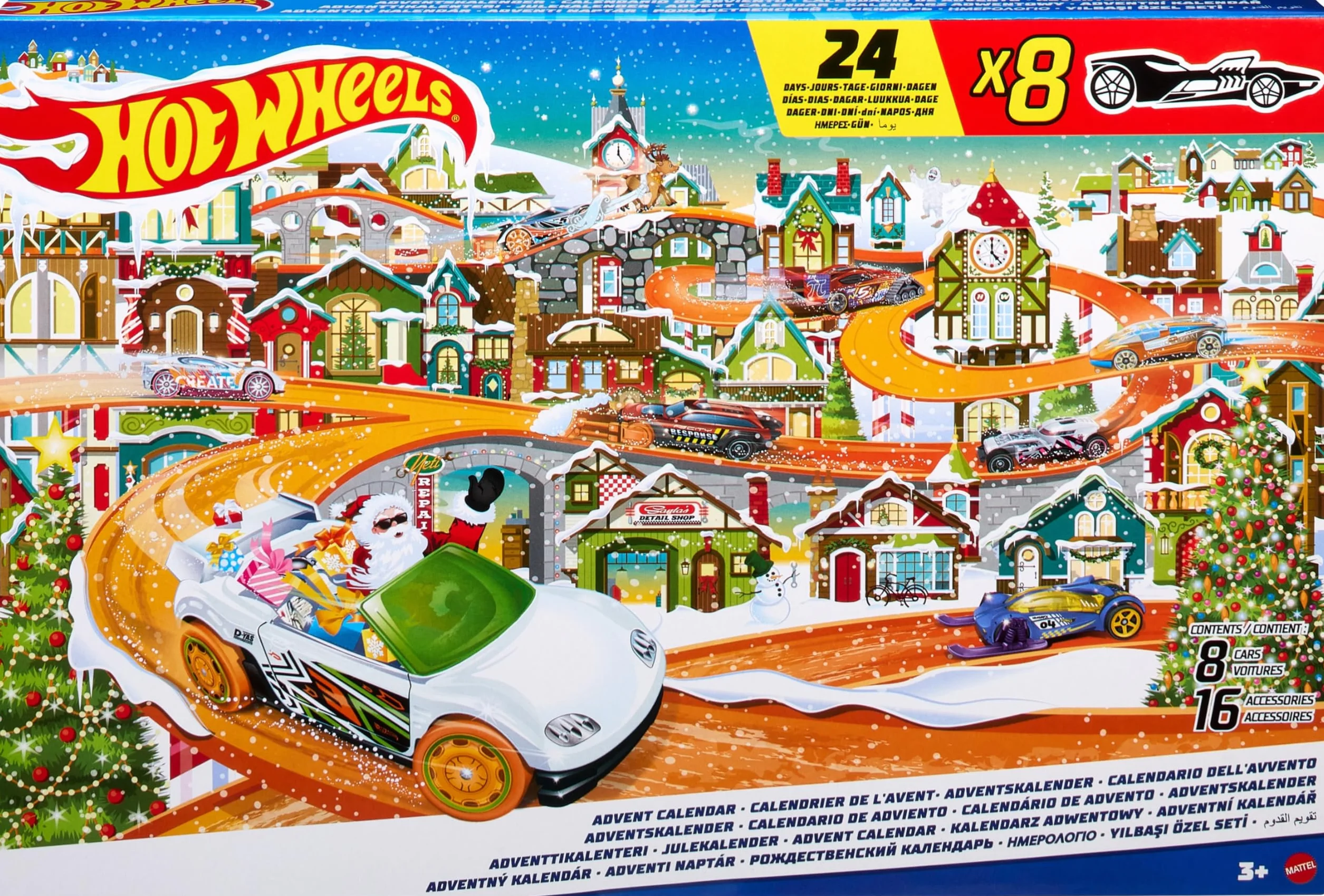 Hot Wheels Kalendarz adwentowy, 8 pojazdów Hot Wheels i 16 zimowych akcesoriów, 24 przegródki i mata do zabawy, dla dzieci i fanów Hot Wheels, HKL74