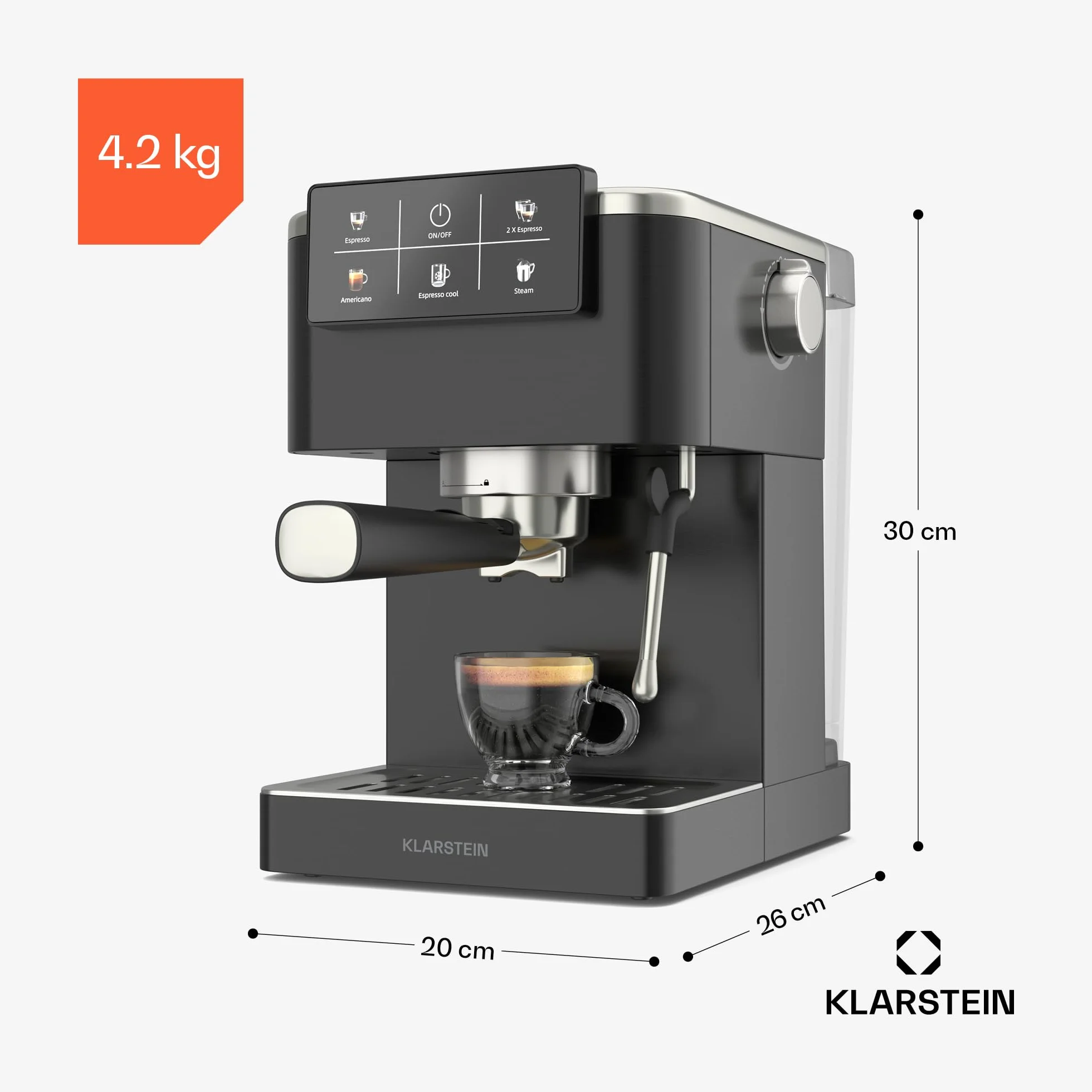 Klarstein SteelPresso Touch Ekspres kolbowy – 20 barów, 1350 W, Stal nierdzewna, Zbiornik 1,5 l, Wyświetlacz dotykowy, Zintegrowany spieniacz do mleka, Kompaktowy design, Ekspres do kawy