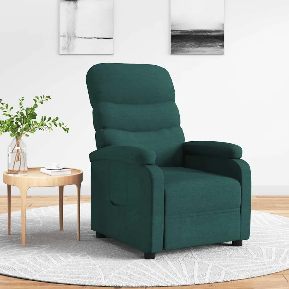 Fotel relaksacyjny, ciemnozielony, materiał z regulowanym oparciem i podnóżkiem, ergonomiczny fotel tapicerowany z metalu i drewna, do salonu, kącika do czytania, biura i salonu