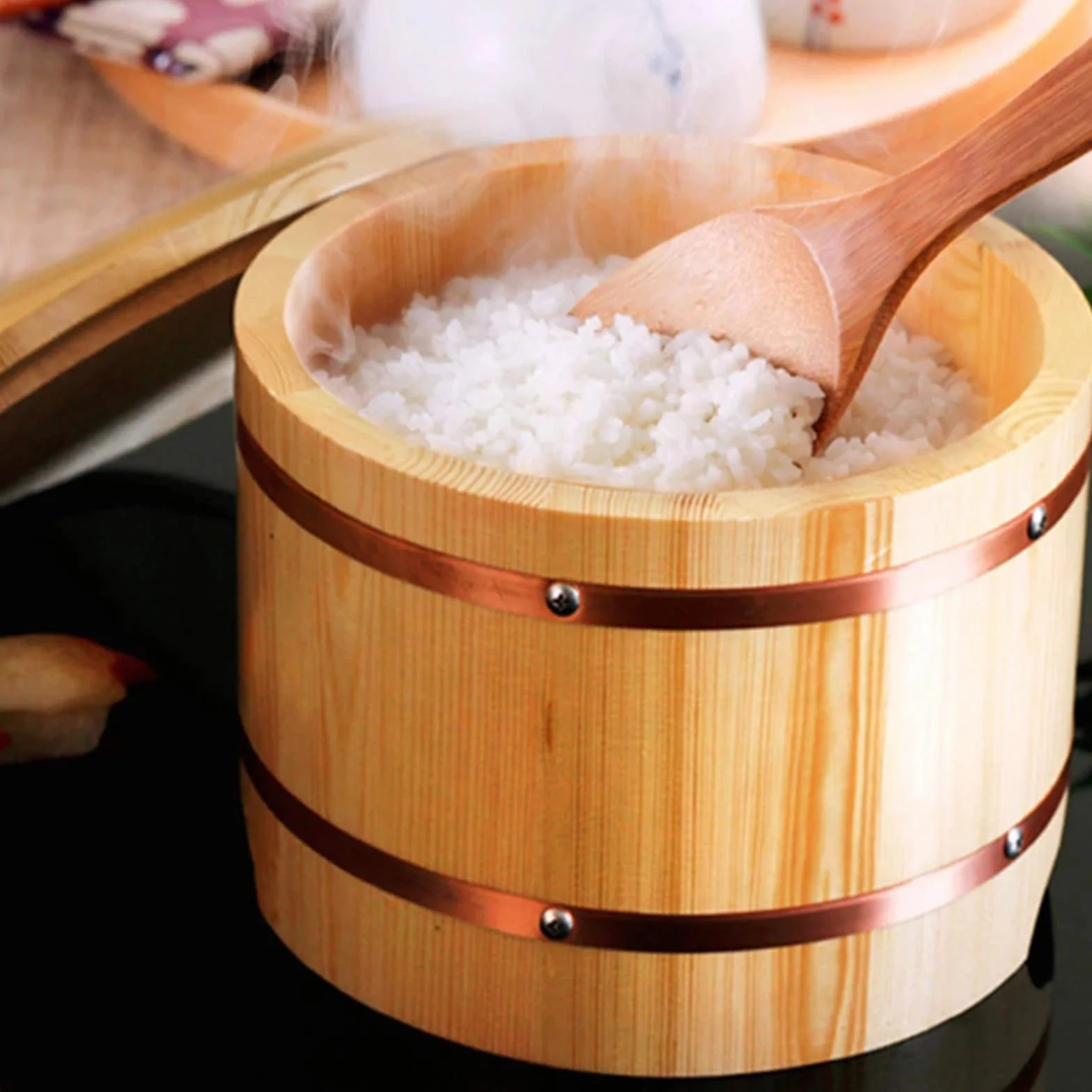 Japońska miska do ryżu Sushi-Hangiri Sushi Oke pojemnik do mieszania ryżu pojemnik na jedzenie z miedzianą opaską do domowej kuchni restauracji, 24 cm/9,5 cala