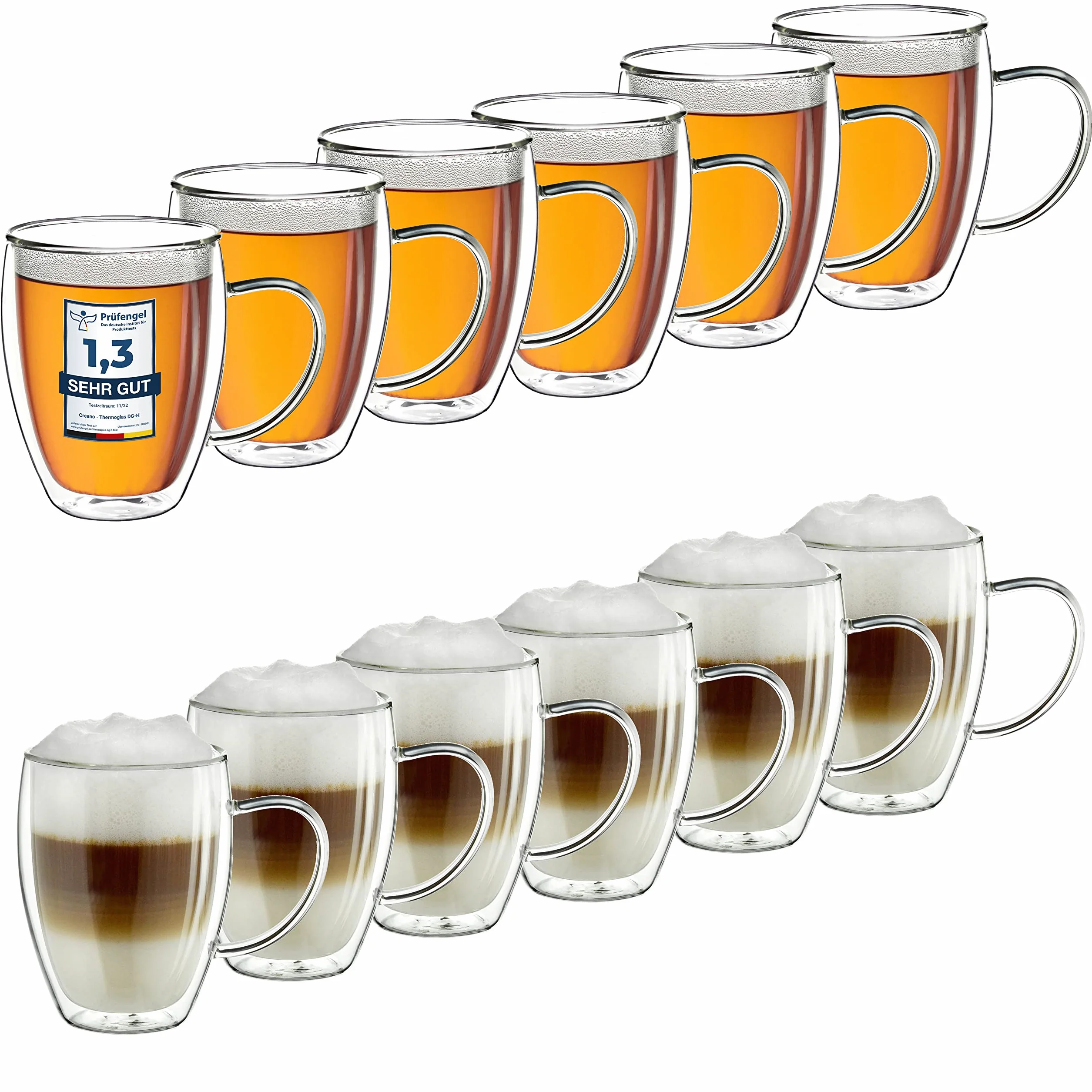 Creano Szklanki termiczne z podwójnymi ściankami, 400 ml, zestaw 8 sztuk, duże szklanki z podwójnymi ściankami, ze szkła borokrzemowego, szklanki do kawy, szklanki do herbaty, latte macchiato