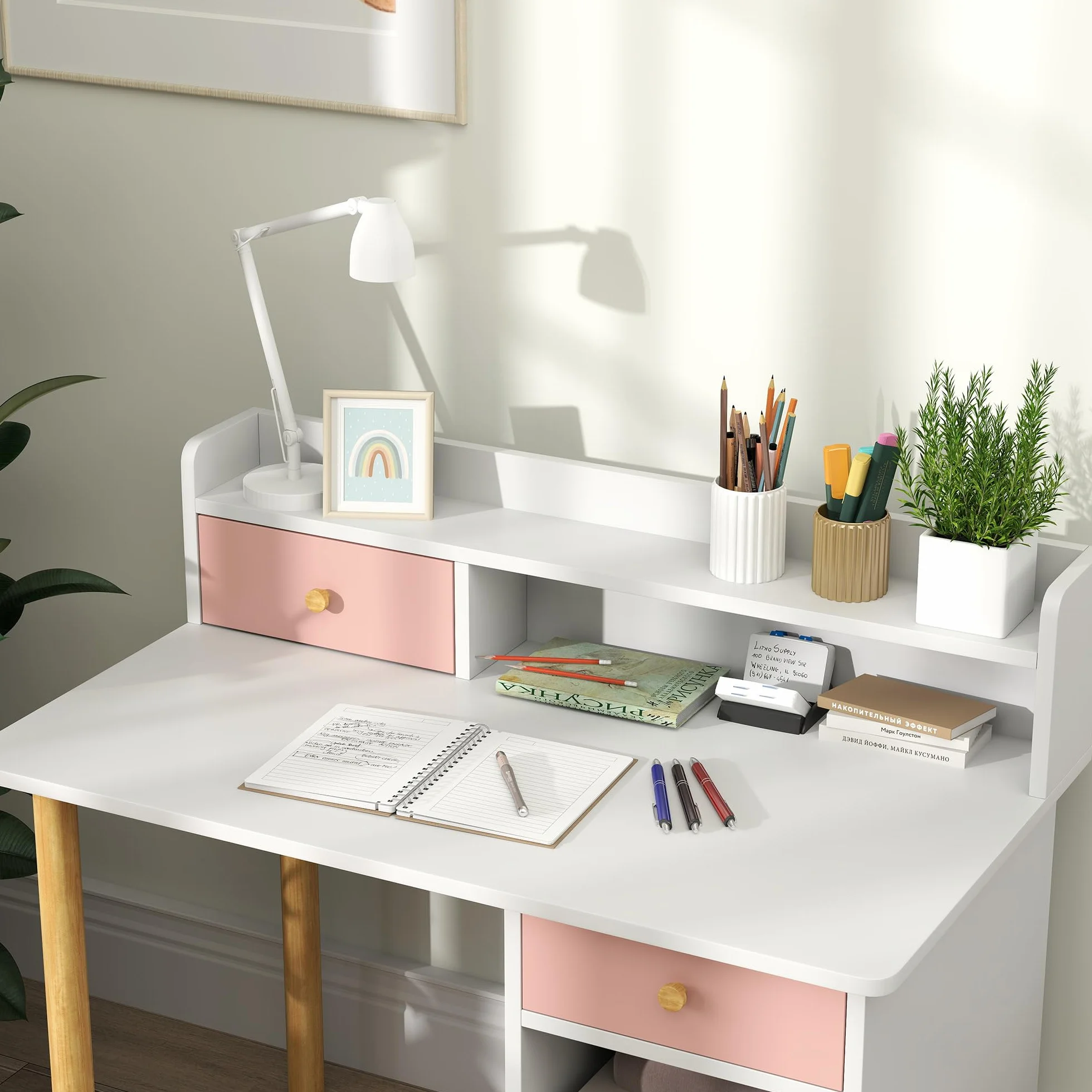AIYAPLAY Kids Desk and Chair Set, Children Study Table with Hutch, Storage, Drawer, Shelves, for Studying, Reading, Drawing, for Ages 3-8 Years, Pink