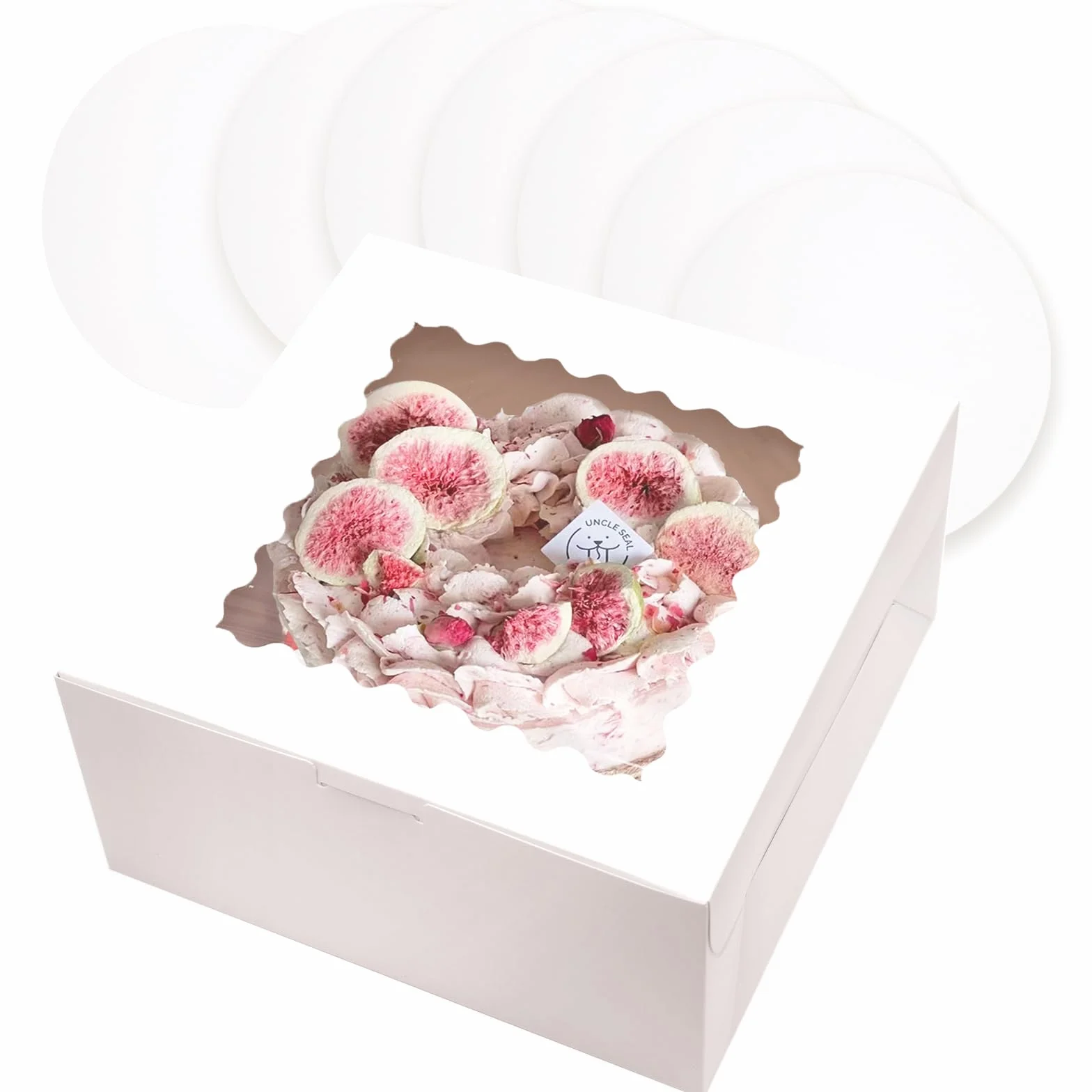 Gcardist Pudełko na ciasto, 25,4 x 25,4 x 12,7 cm, 5 zestawów białych pudełek na tort z okienkiem i 5 zestawów, białe okrągłe deski 25,4 cm, pojemnik na ciasto 25,4 cm