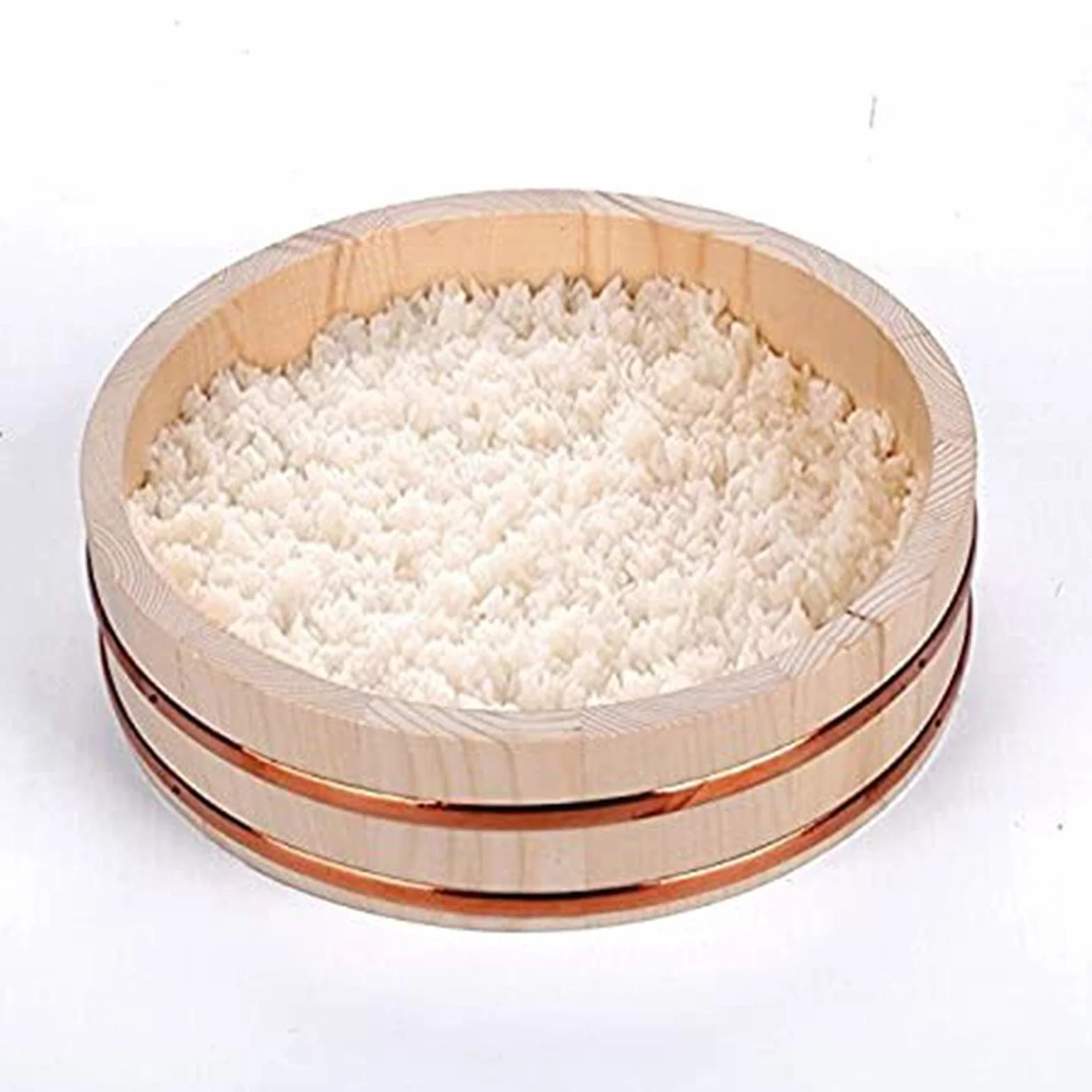 Hangiri Sushi Oke miska do mieszania ryżu, duża drewniana wanna z miedzianymi taśmami, 48 cm, idealna do chłodzenia i wchłaniania wody z ryżu