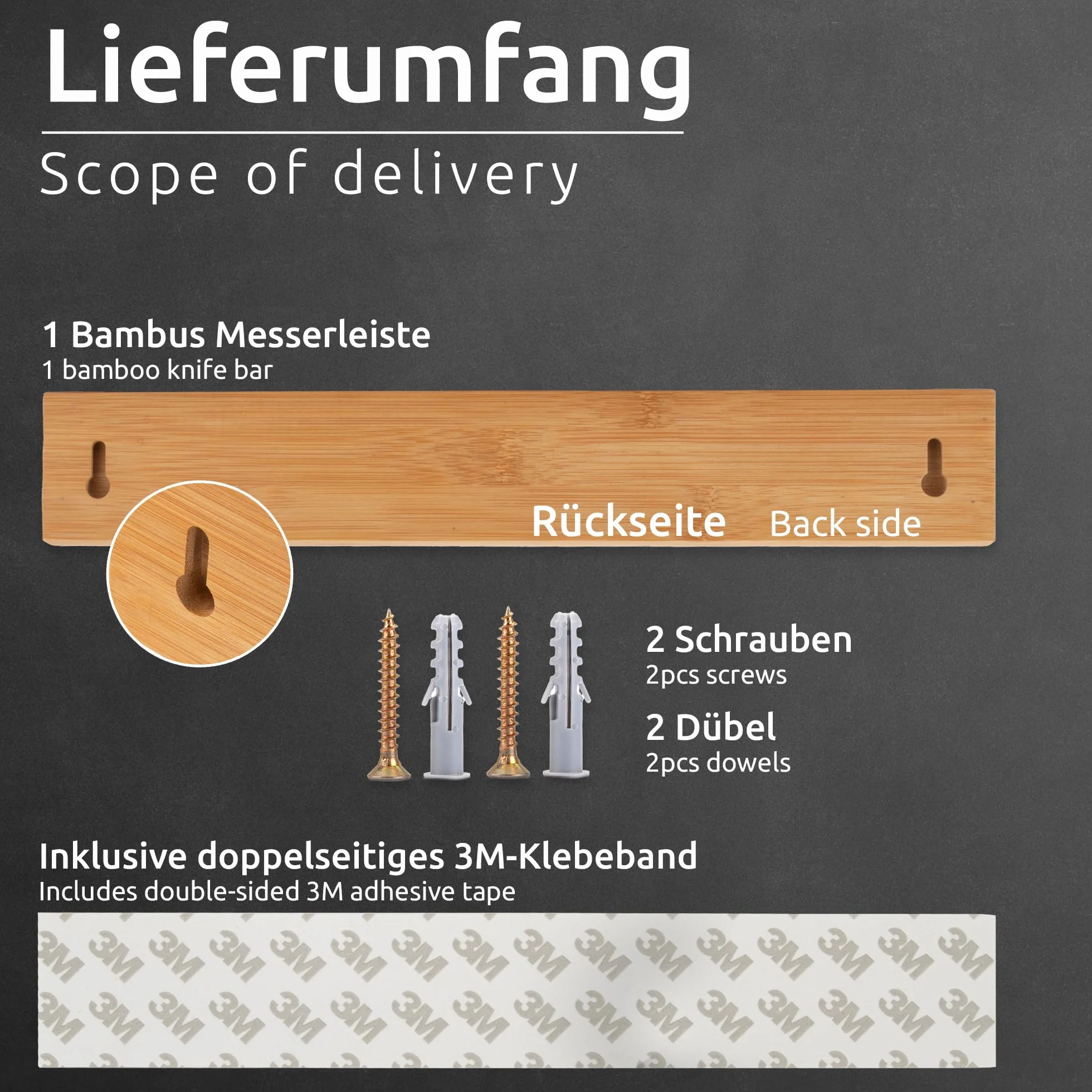 ECENCE Bambusowa listwa na noże z magnesem 40cm, uchwyt na noże, samoprzylepny, listwa na noże z magnesem, wysoka przyczepność, listwa na narzędzia, klucze
