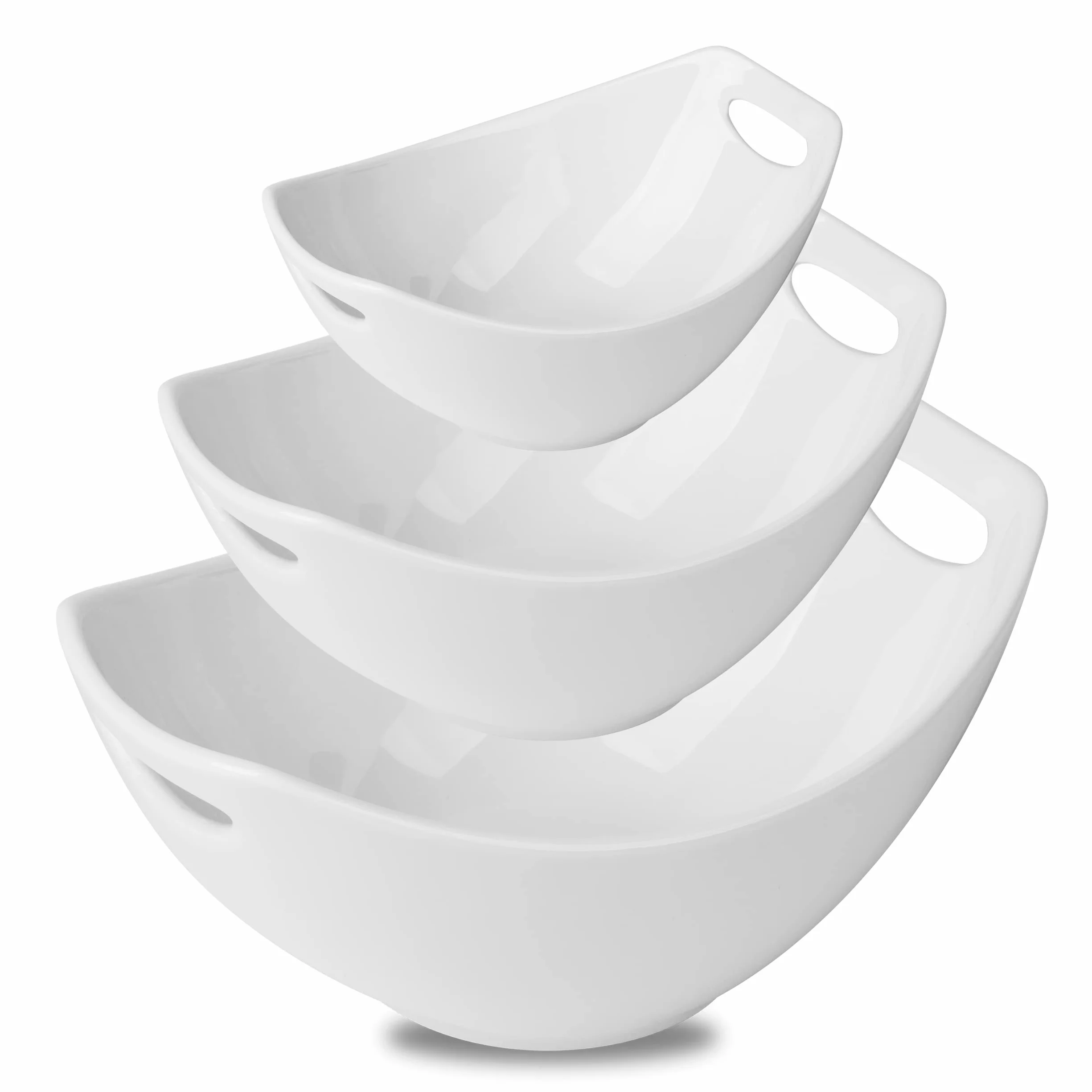 Gomakren Zestaw 3 porcelanowych misek z uchwytami, białe talerze mieszające miska zestaw rozrywkowy, zestaw misek do zagnieżdżania naczyń, zmywarka i piekarnik,
