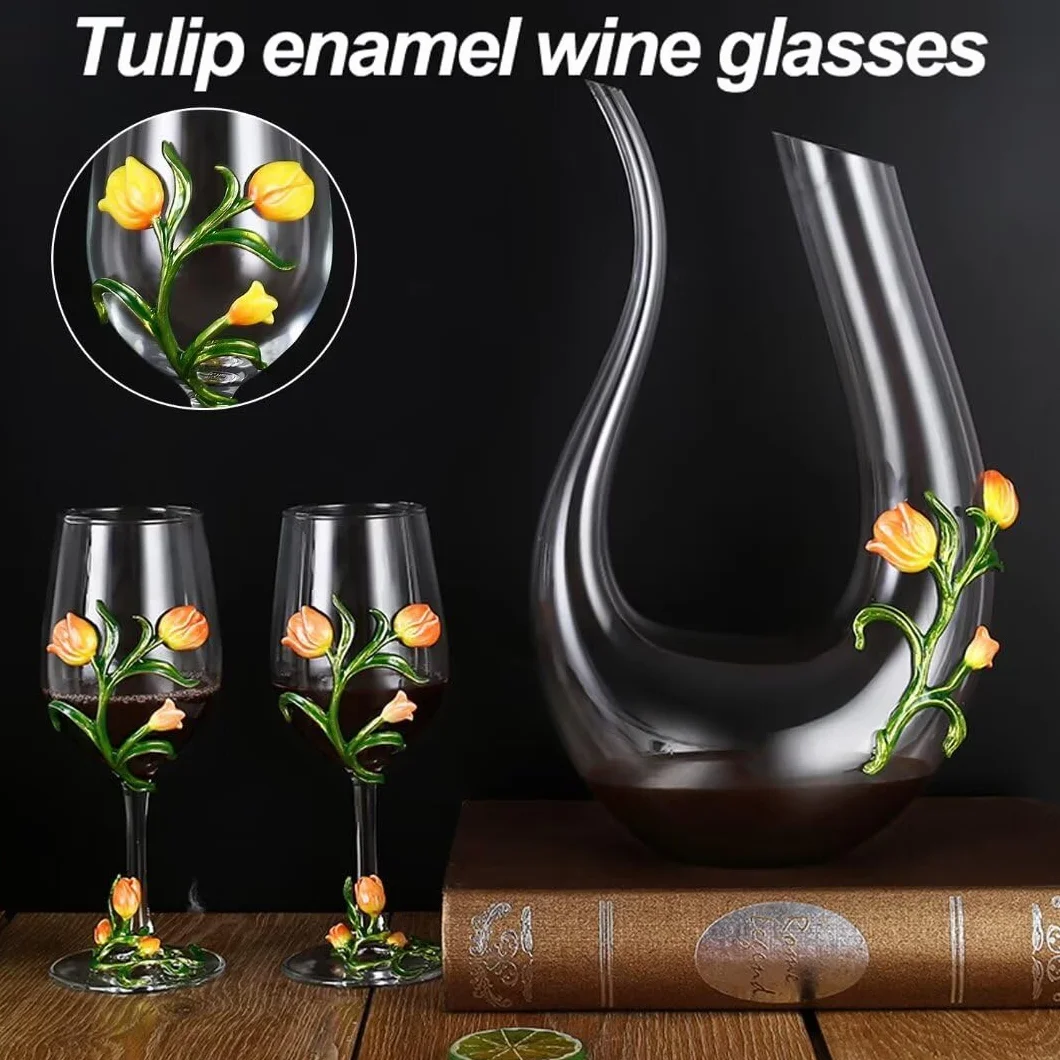 Emaliowana szklana karafka do wina, bezołowiowy kryształowy kielich, 350 ml, dekoracyjny zestaw upominkowy z długim uchwytem, eleganckie pudełko na prezent ślubny (żółty - 2 sztuki)
