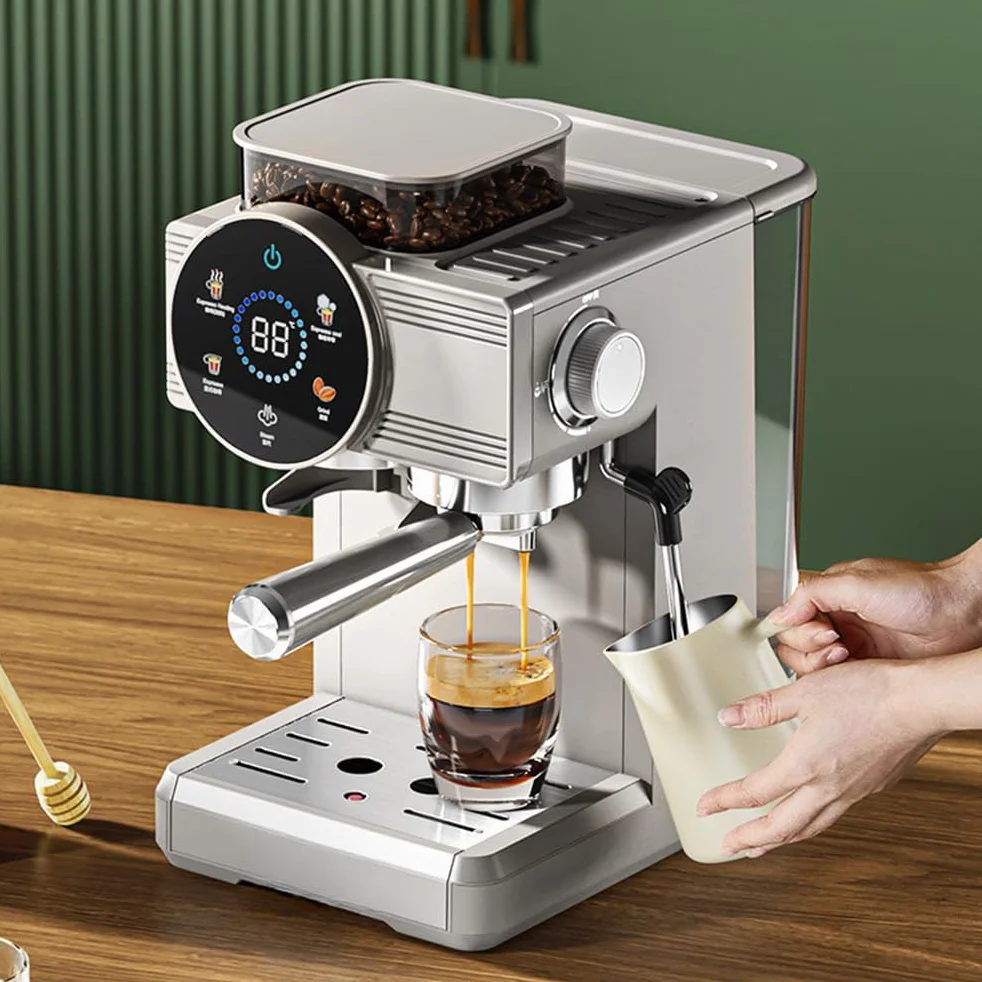 Ekspres do kawy 220 V komercyjny z funkcją kontroli temperatury, młynek do kawy ziarnistej 1350 W, 20 poziomów drobnego mielenia, możliwość przygotowania latte