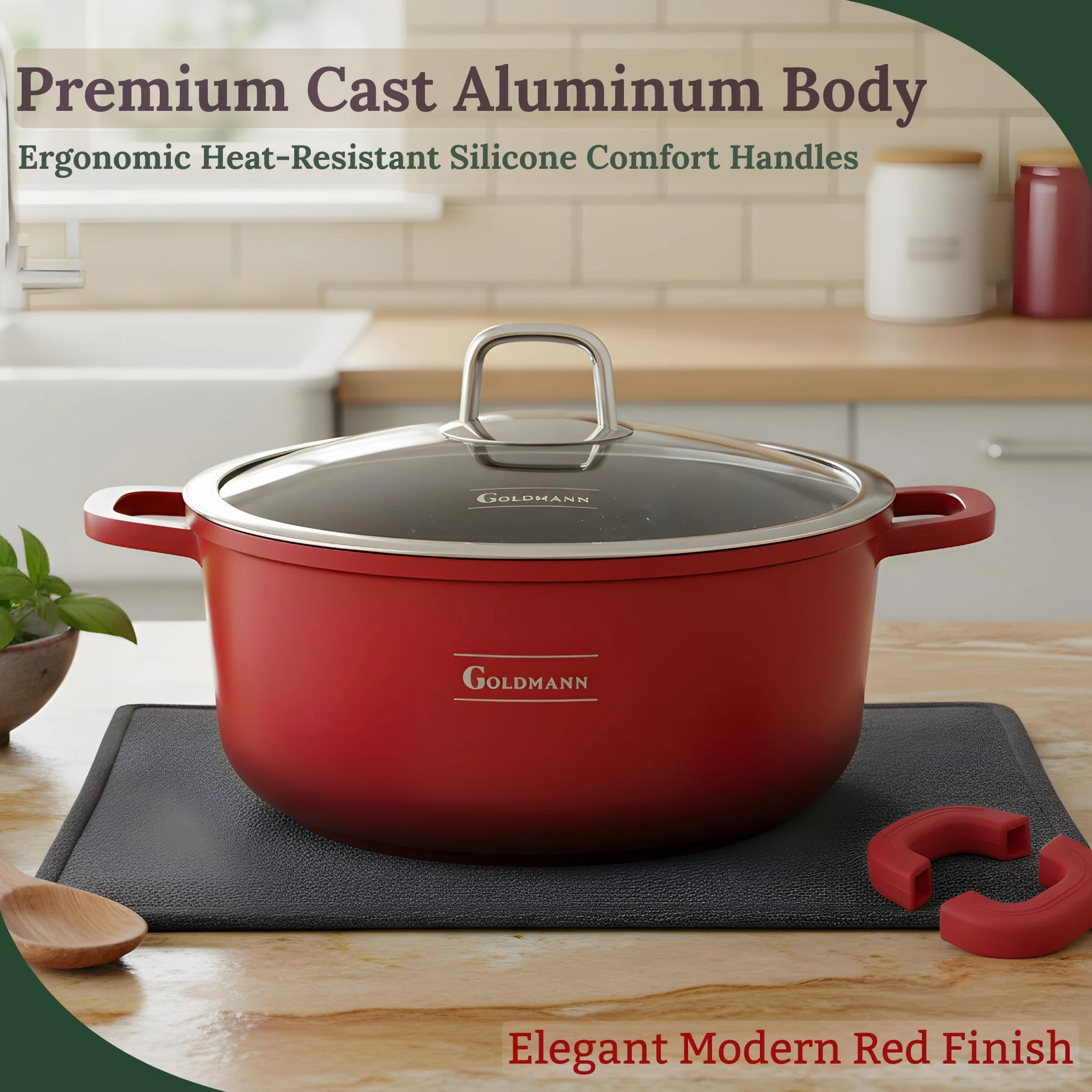 Goldmann Garnek do Gotowania z Odlewanego Aluminium, Ceramiczna Marmurkowa Powłoka Nieprzywierająca, Pokrywka Szklana, Indukcja, Bez PFOA (Czerwony, 24 CM)