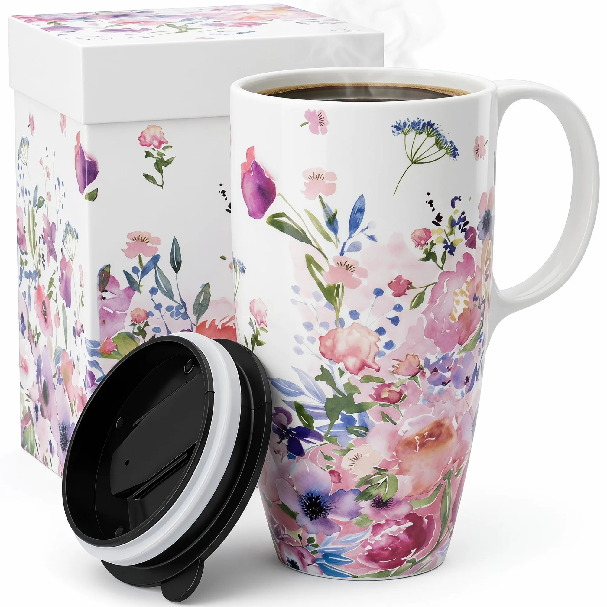DUSVALLY Kubek ceramiczny duży kubek do kawy wysokie kubki porcelanowa filiżanka do herbaty latte z pokrywką i pudełkiem prezentowym 480 ml, różowy kwiat