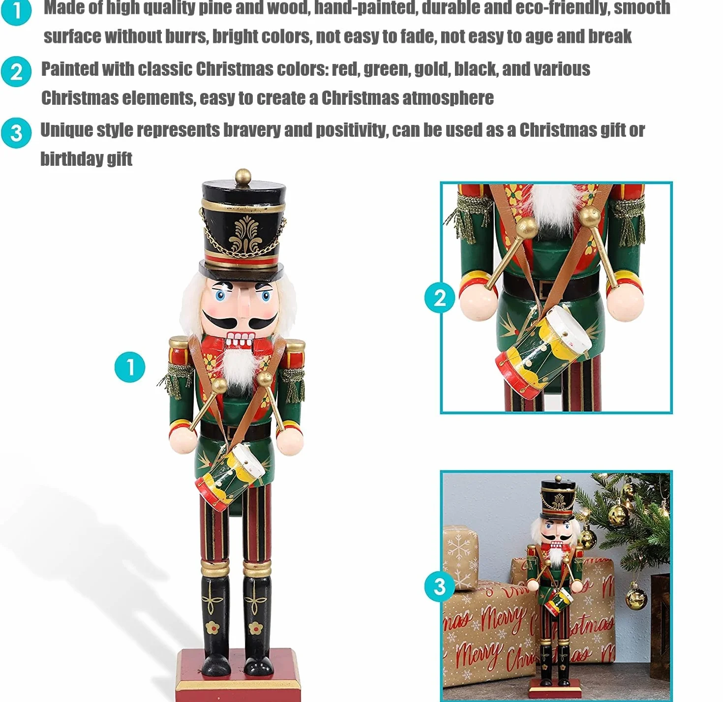 KAHEIGN Drewniany dziadek do orzechów, 2 style, 30 cm, świąteczne tradycyjne figurki dziadka do orzechów, wysokiej jakości, malowane drewno sosnowe, żołnierz do domu, kominka, dekoracja na imprezę