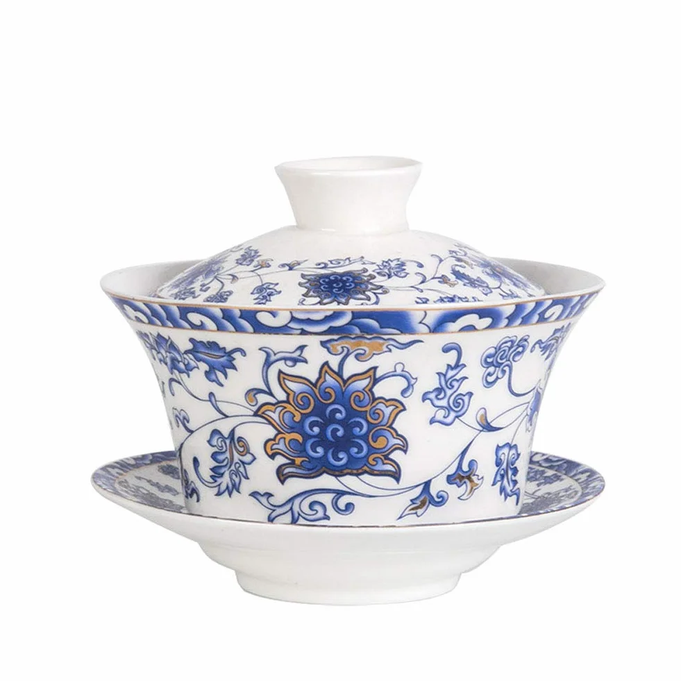Tradycyjny zestaw do herbaty Gaiwan z pokrywką i spodkiem, filiżanka do herbaty Gongfu, porcelanowe filiżanki z motywem lotosu, 10 uncji