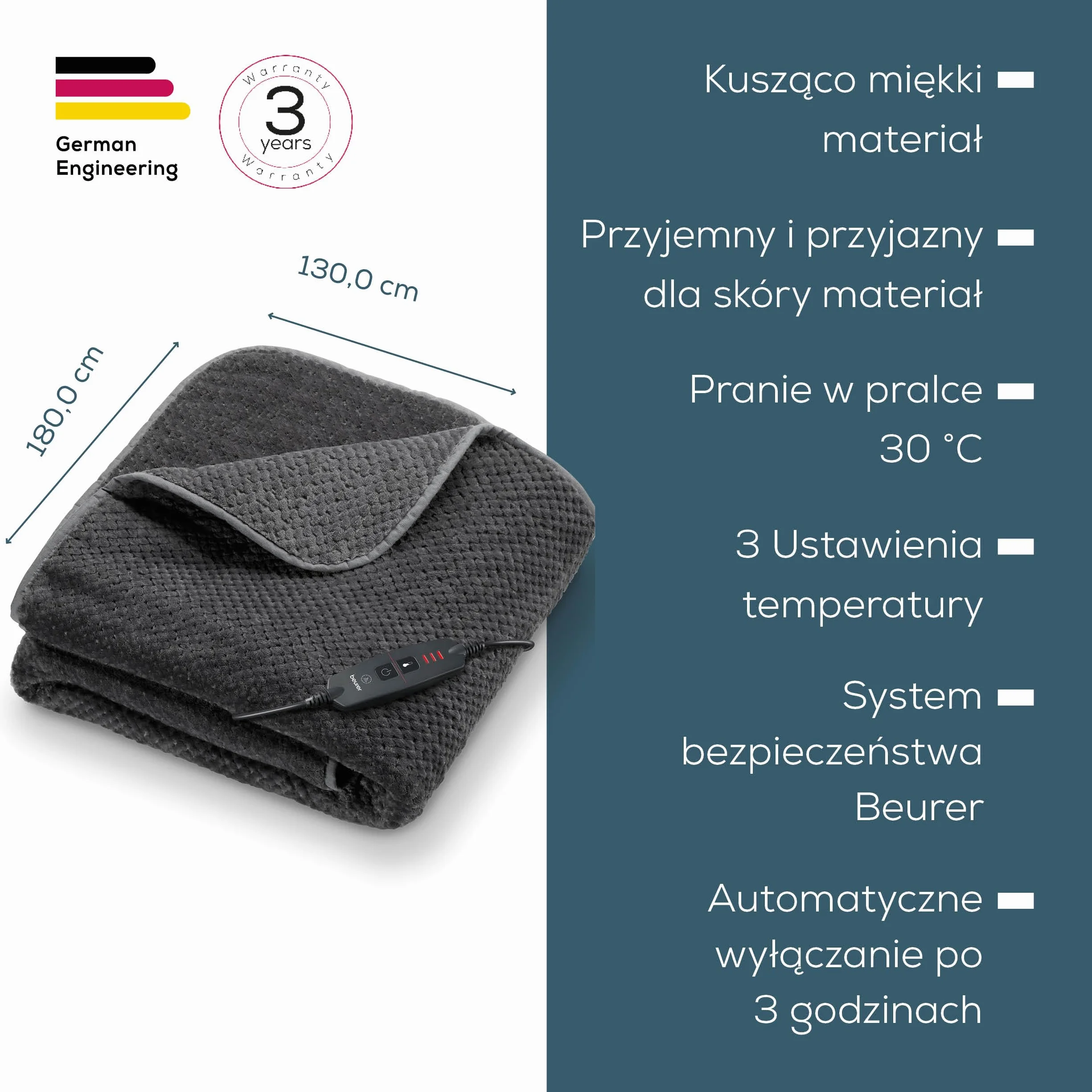 Beurer HD 65 koc elektryczny, przytulny koc grzewczy z 3 poziomami temperatury, z automatycznym wyłączaniem i systemem bezpieczeństwa, nadający się do prania w pralce, made in Europe, szary