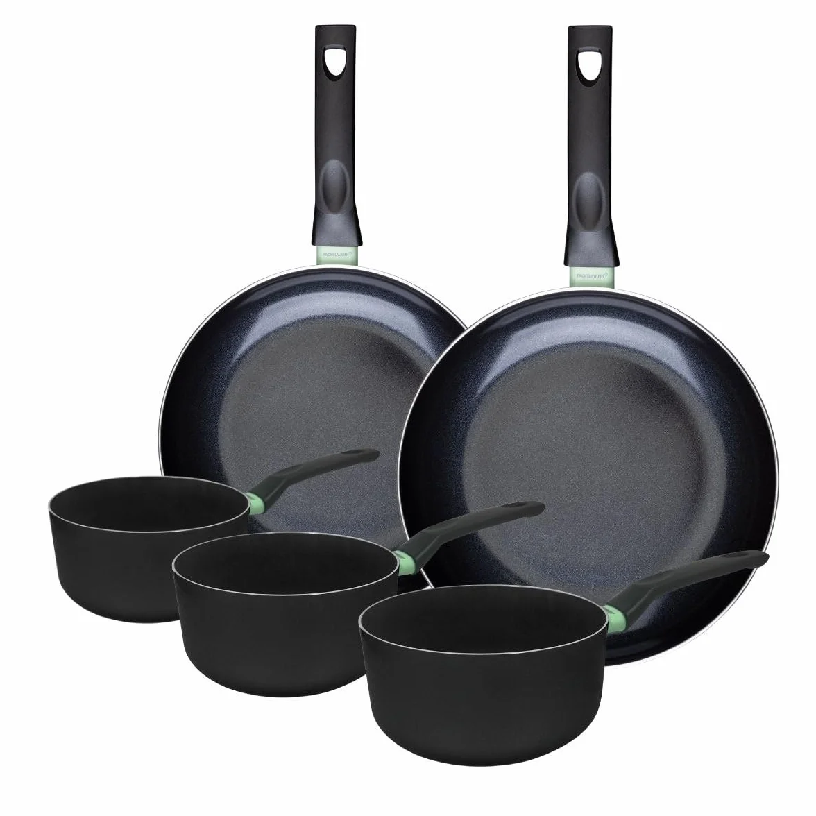 Fackelmann 9430850 Zestaw 2 patelni 28 i 30 cm z 3 garnkami 16, 18 i 20 cm, nieprzywierająca powłoka ceramiczna, bez PFAS, wszystkie palniki, indukcyjne, piekarnik, aluminium, czarny, zielony, 16, 18