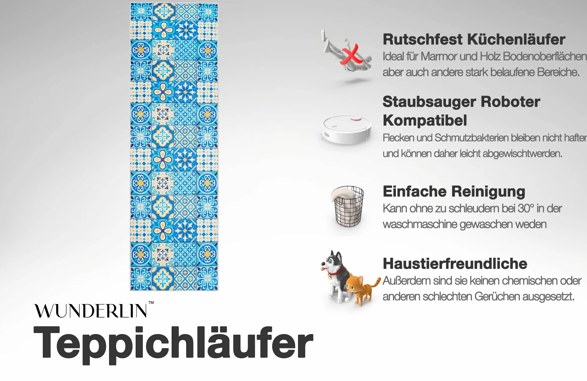wunderlin Chodnik na korytarz, dywan do kuchni, kolekcja, nadaje się do prania, nowoczesny design, wartościowy, antypoślizgowy, do kuchni, nadaje się do prania (Big Tiles, 60 x 200 cm)