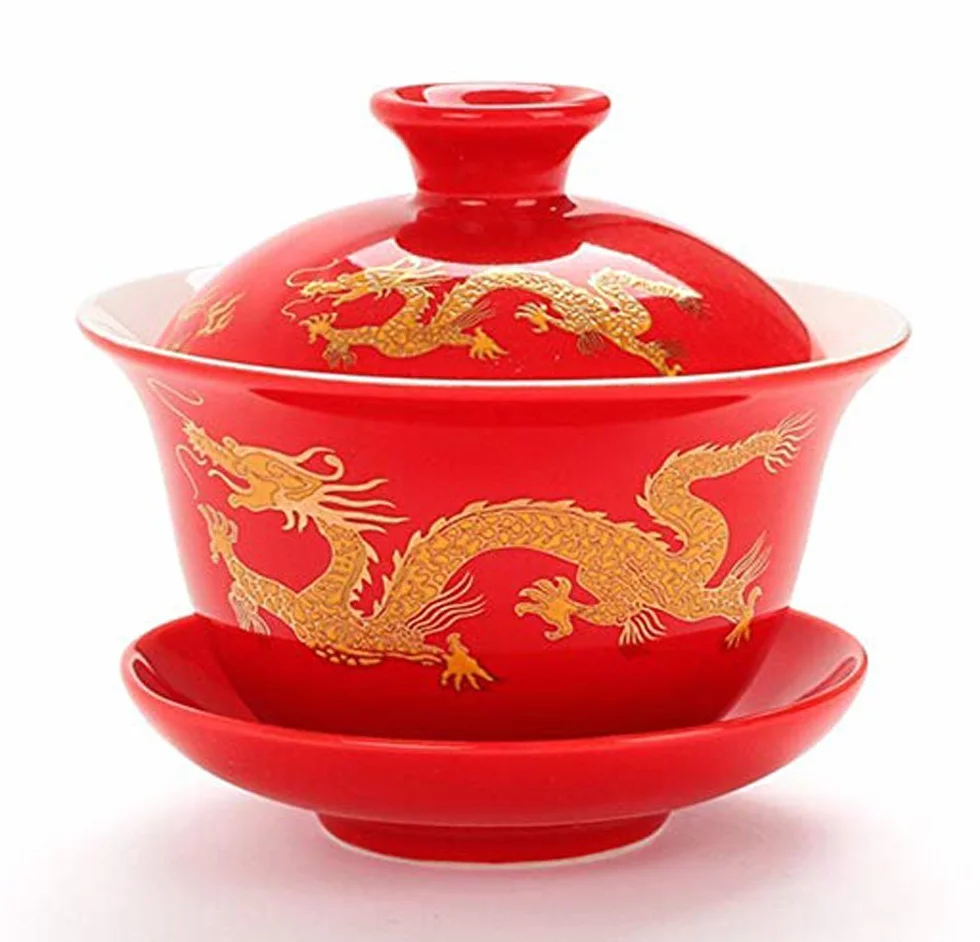 YBK Tech Porcelanowy kubek do herbaty i spodek z pokrywką w stylu Gong Fu Cha tradycyjny chiński wzór smoka