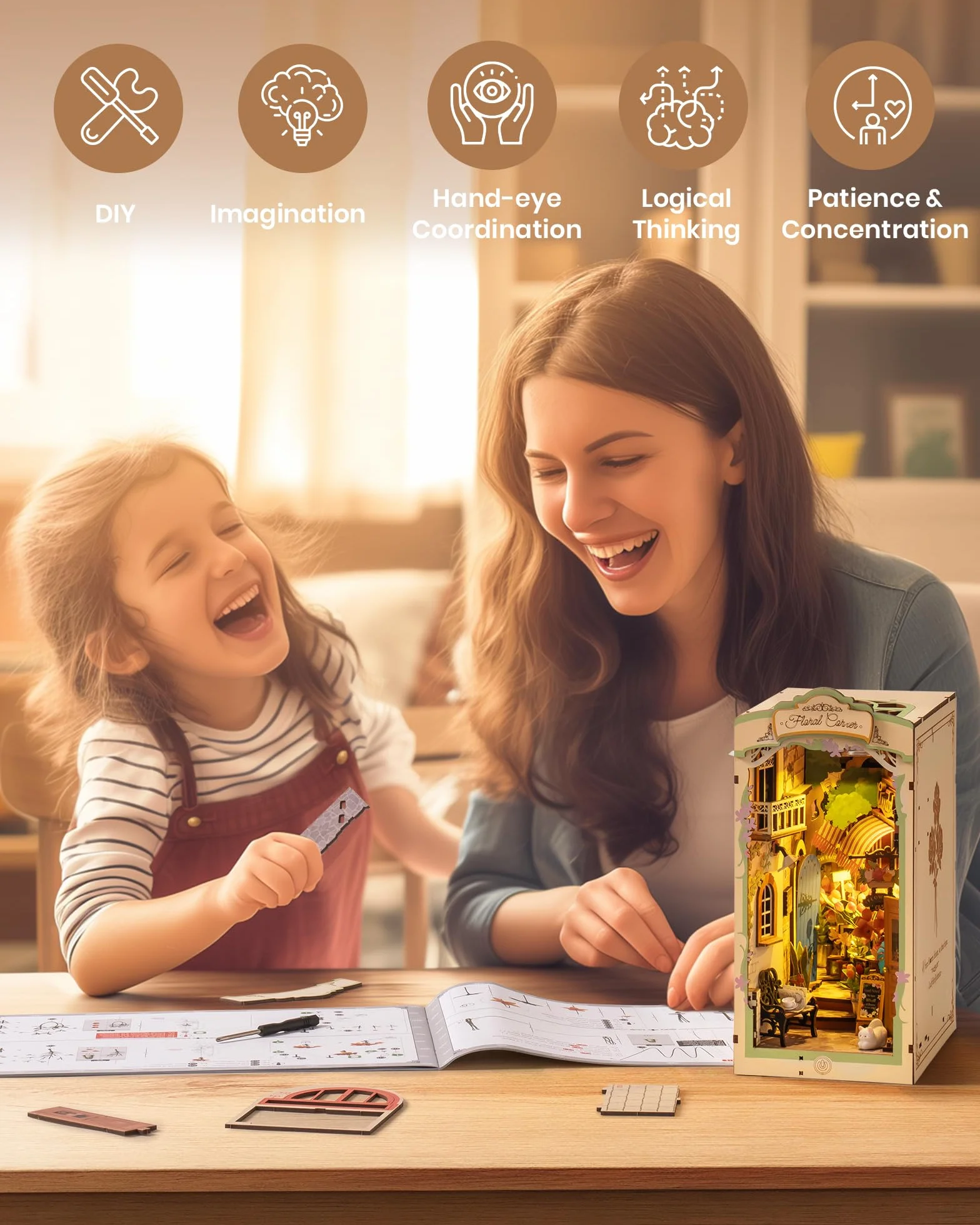 ROBOTIME Zestawy do zakamarków dla dorosłych, kwiatowy narożnik z osłoną przeciwpyłową, Booknook, DIY, miniaturowy zestaw do domu, 3D, drewniane, puzzle, podpórka na książki, półka, dekoracja,