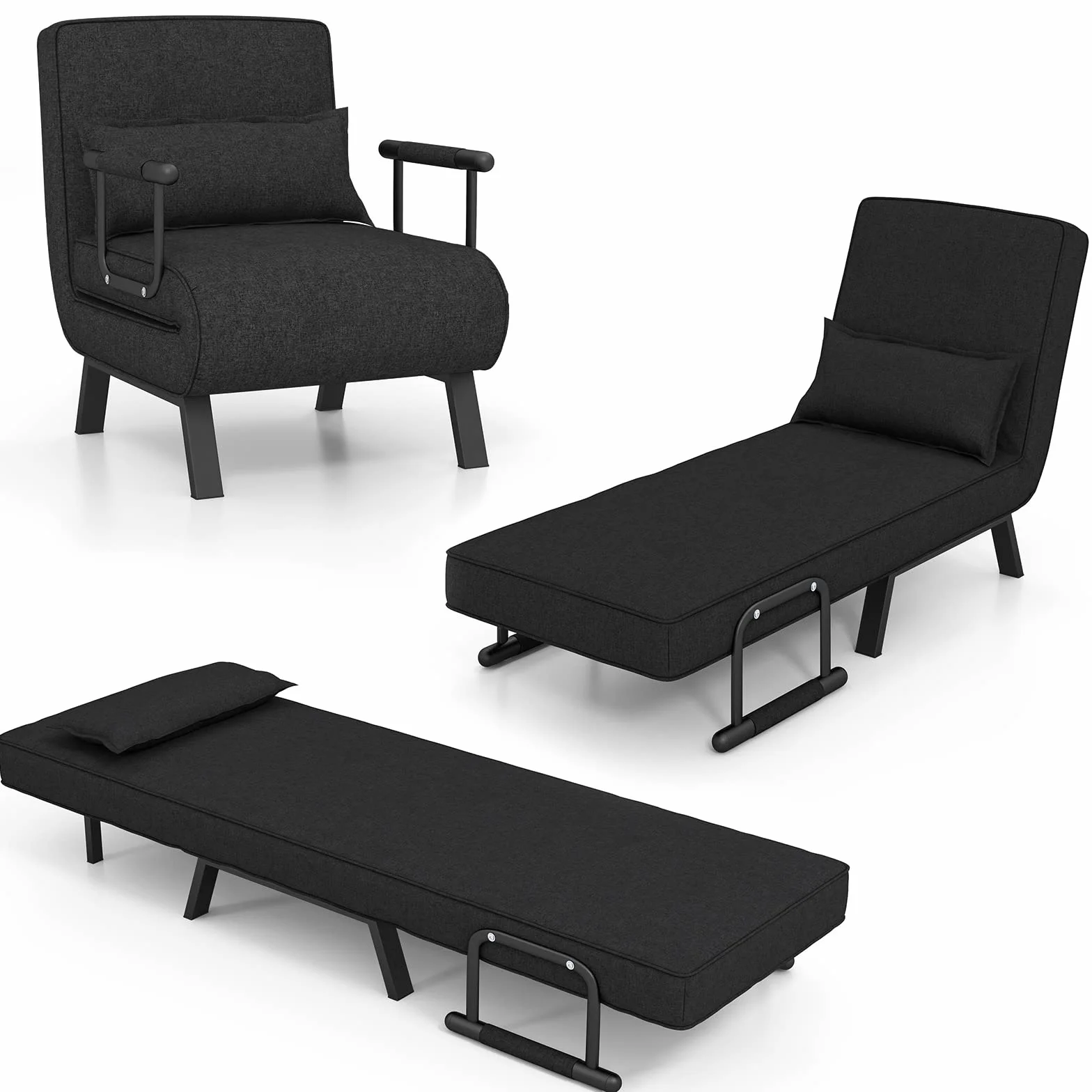 GOPLUS 4 w 1 fotel do spania z funkcją łóżka, sofa do spania z 6-stopniową regulacją oparcia i zdejmowanym poduszkiem, fotel relaksacyjny, rozkładana sofa do łóżka, składany do domu i biura (czarny)