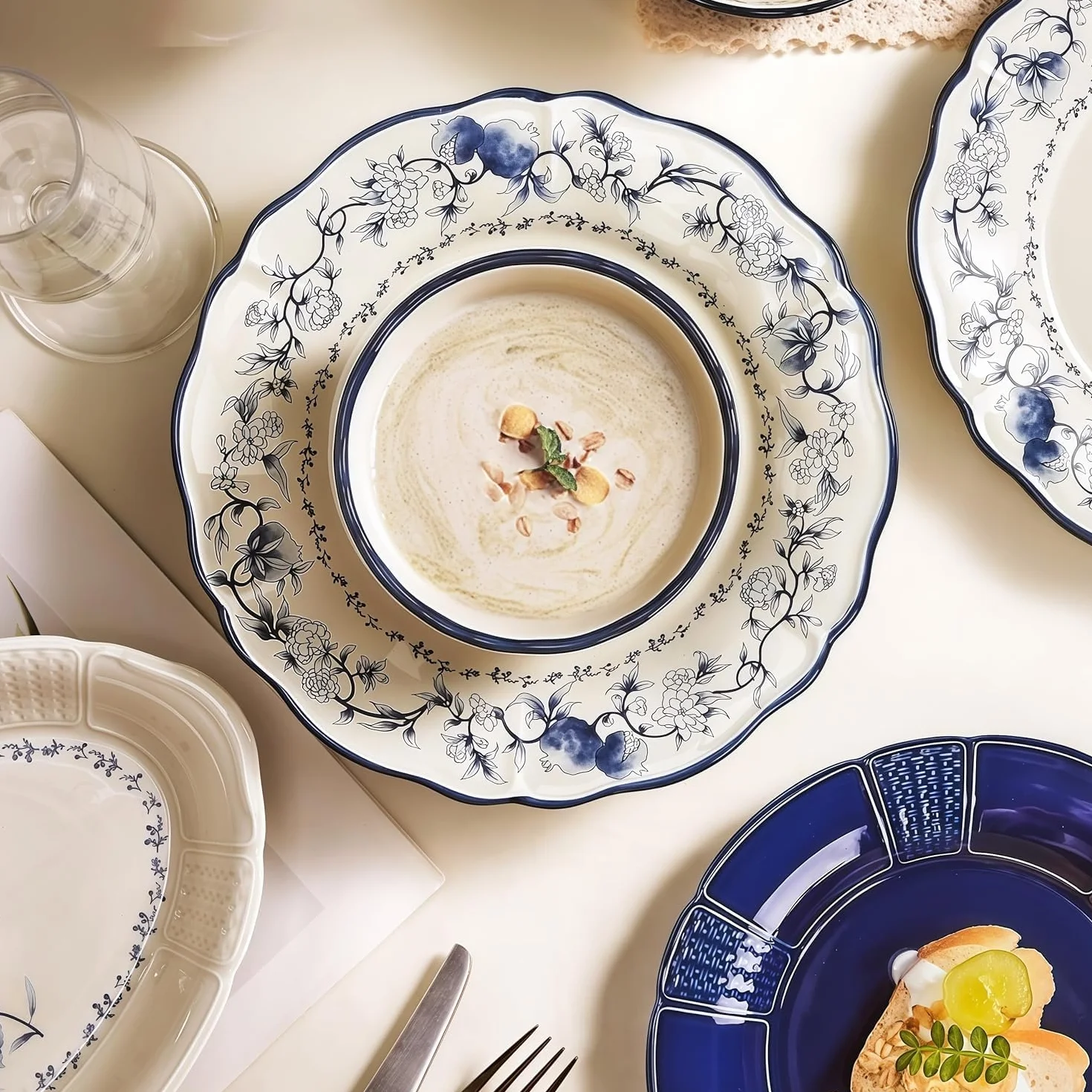 30-częściowy porcelanowy zestaw zastawy stołowej, kamionka i talerze ceramiczne miski garnek do zupy pałeczki, elegancka zastawa stołowa dla 6 osób, domowa jadalnia